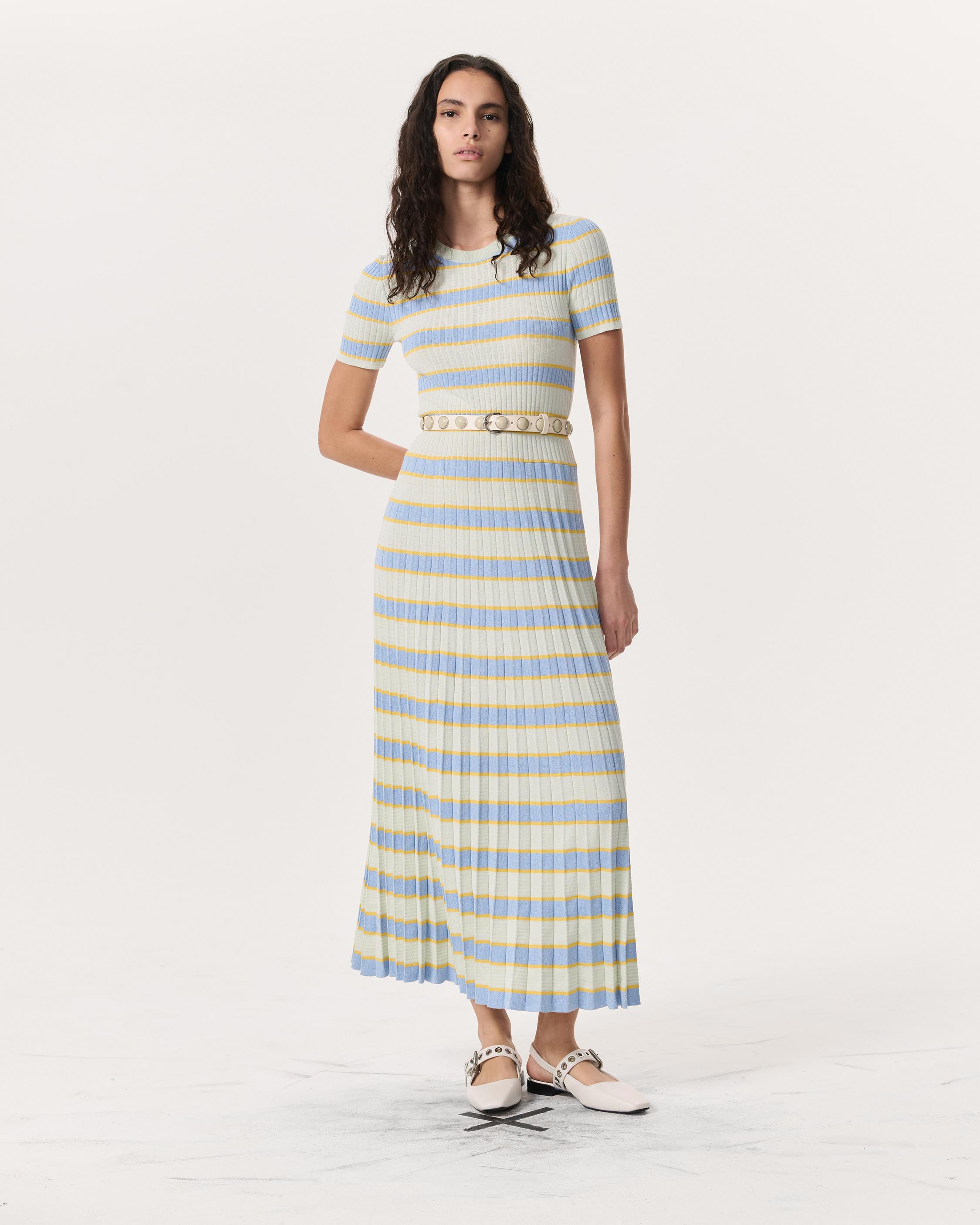 Eloise Striped Rib-Knit Pleated Midi Dress - Green Multi | rag & bone