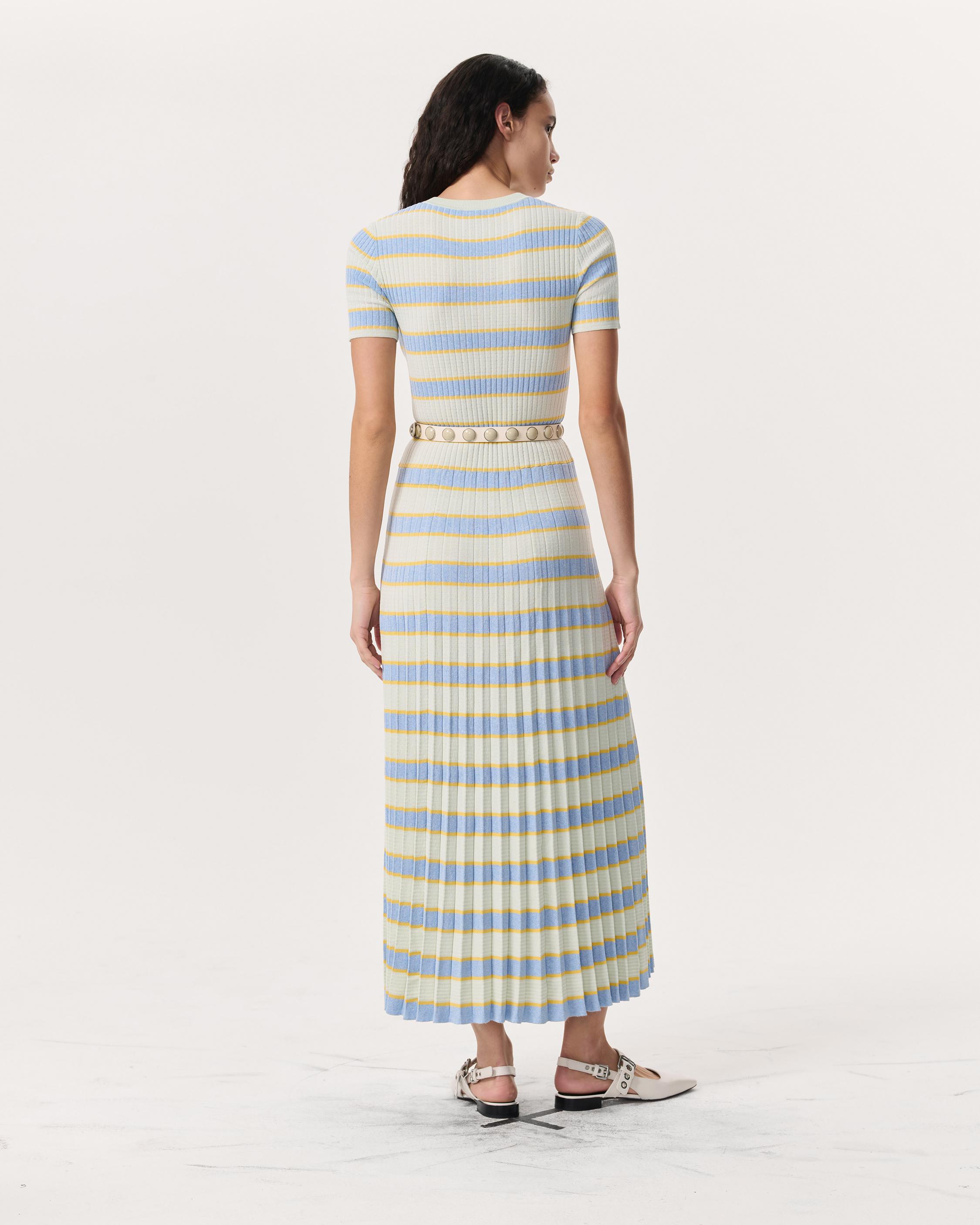 Eloise Striped Rib-Knit Pleated Midi Dress