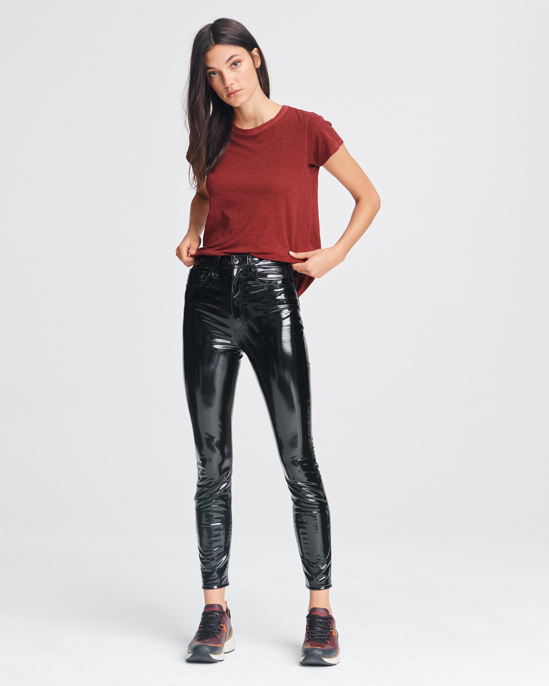 Black High Rise Leather Ankle Skinny Pants