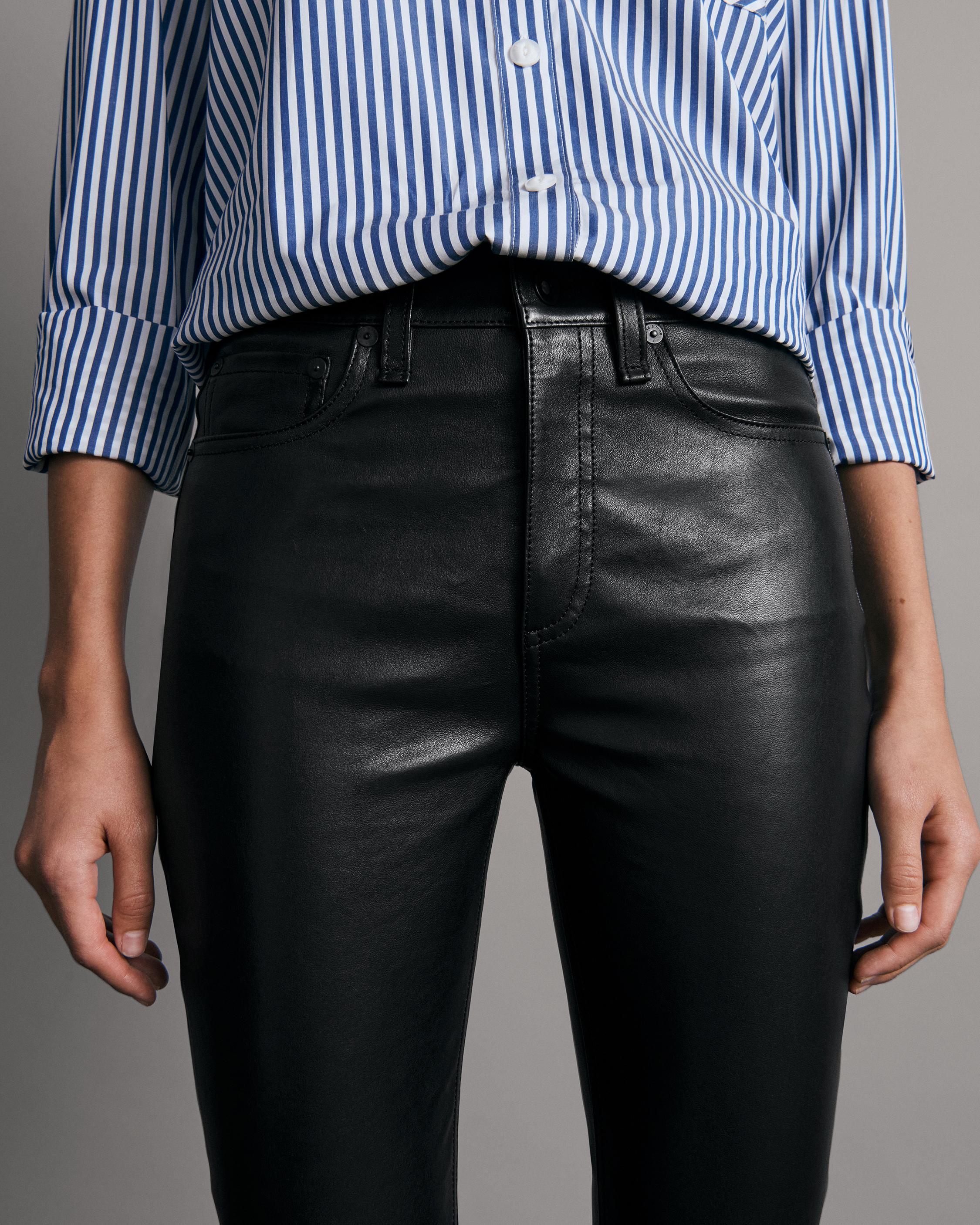 Ribbed Detailing Skinny Leather Trousers Black