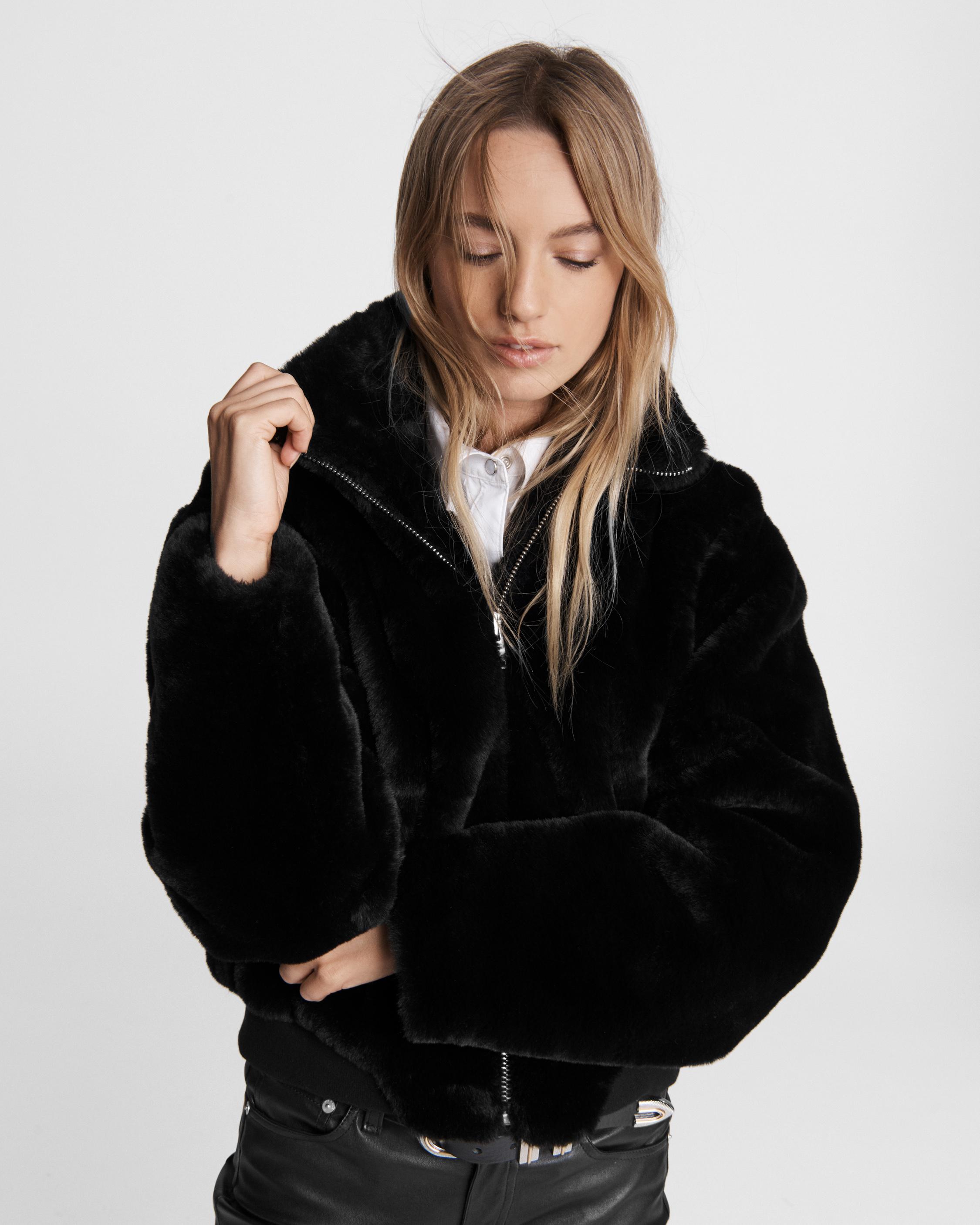 black faux fur bomber coat