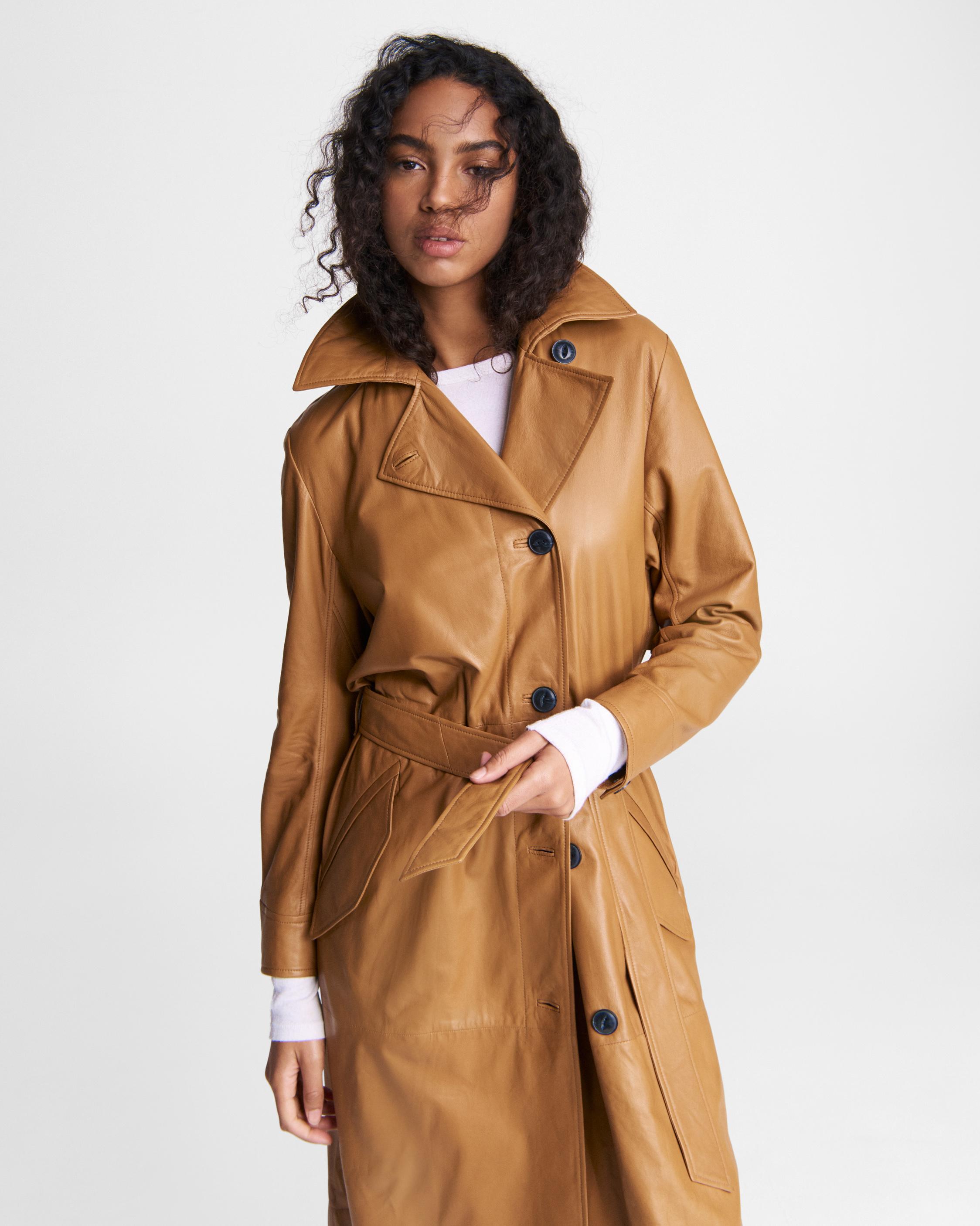 Tan leather trench outlet coat