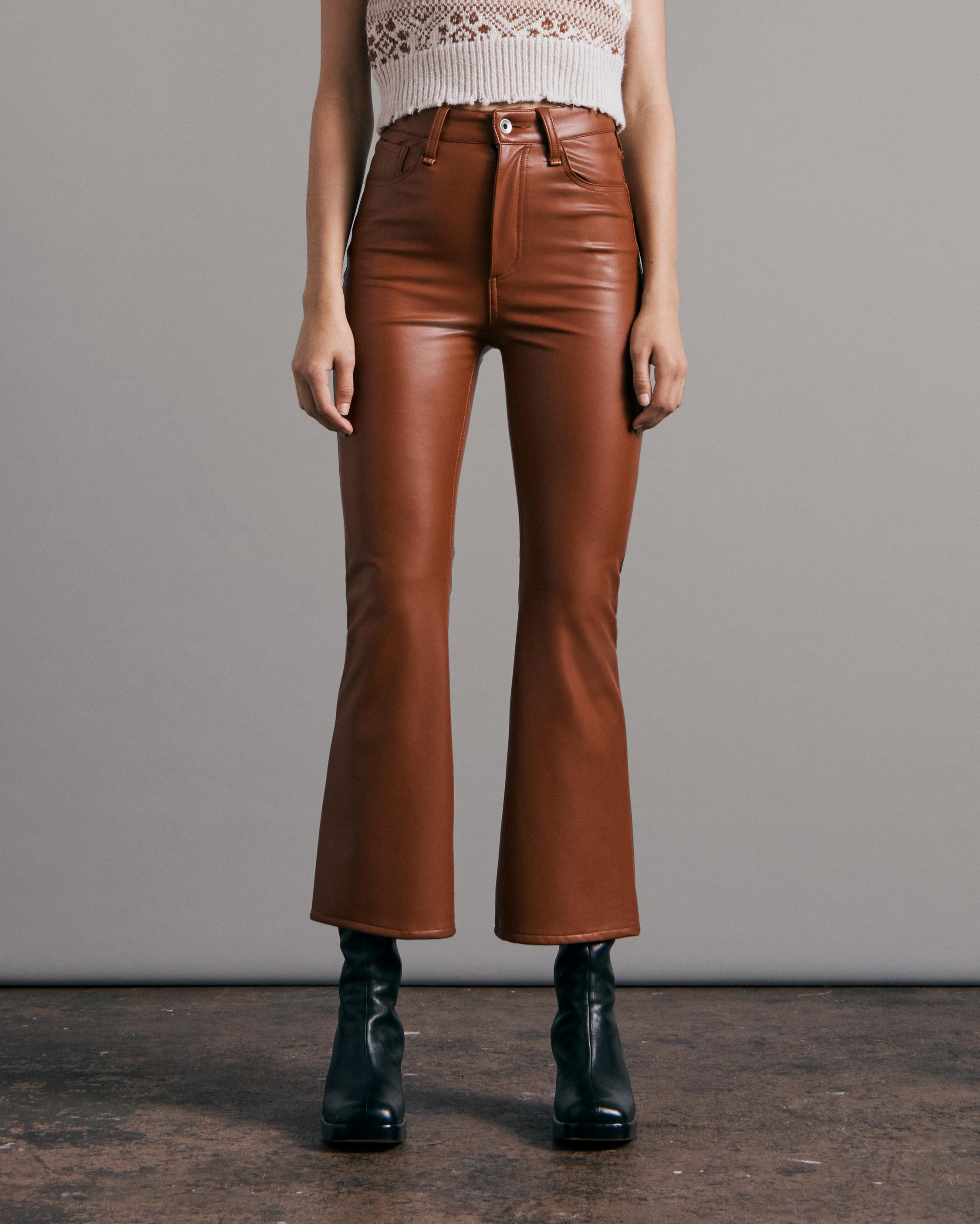 FLARED FAUX LEATHER TROUSERS, Brown