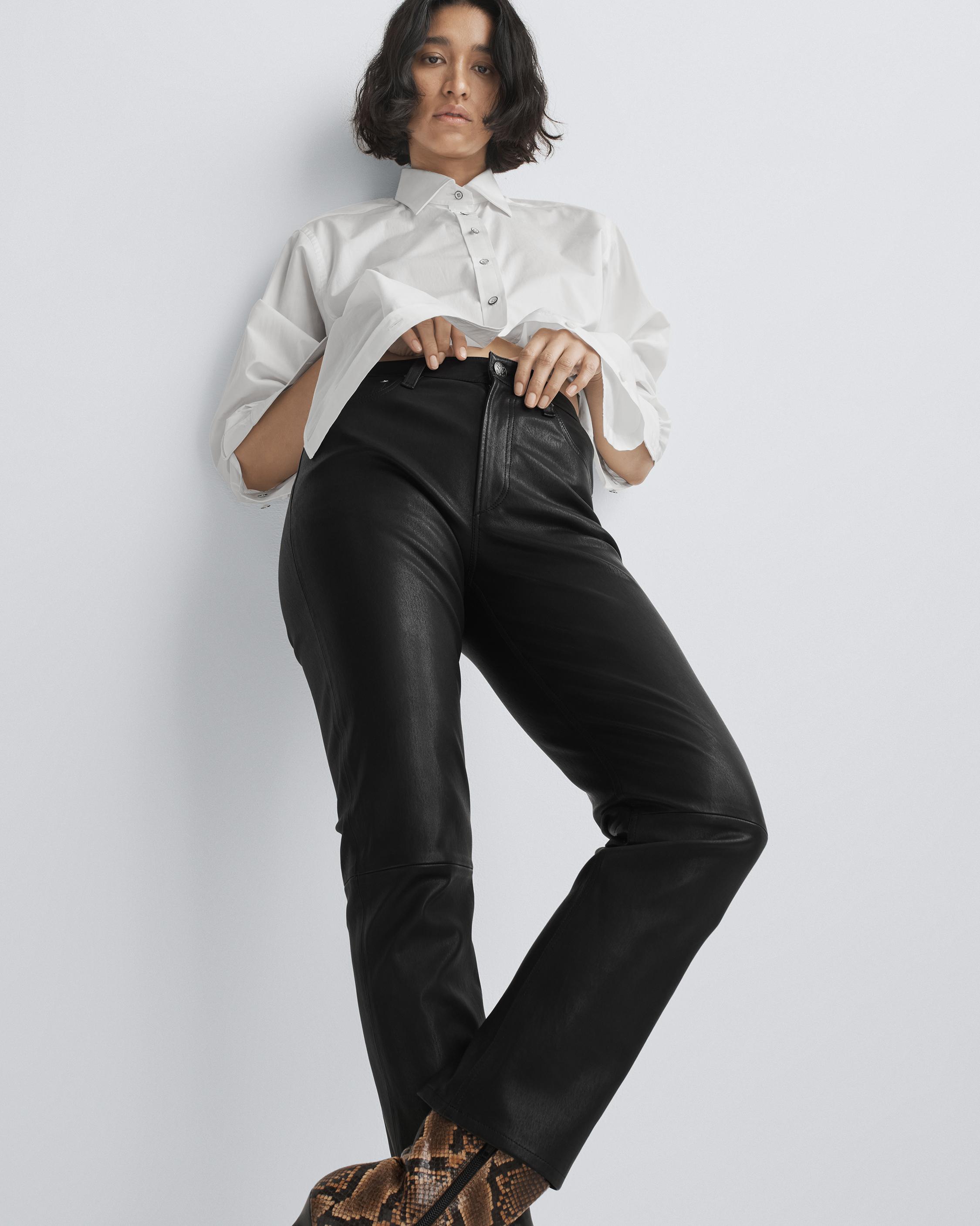 Tacked Vegan Leather Flared Trousers - Black  High waisted leather trousers,  Leather pants, Leather trousers