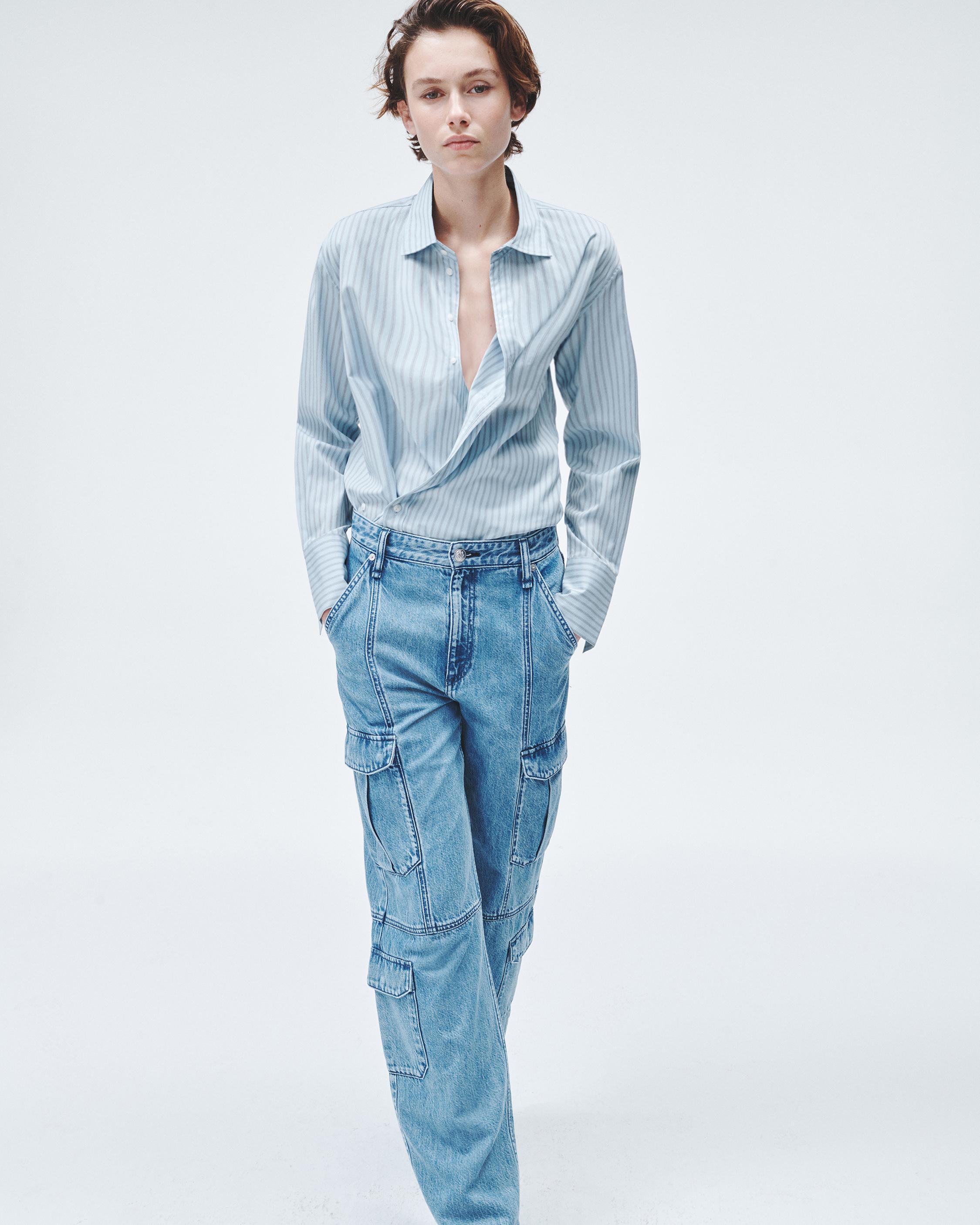 Tapered-waist poplin shirt - Blue/Striped - Ladies