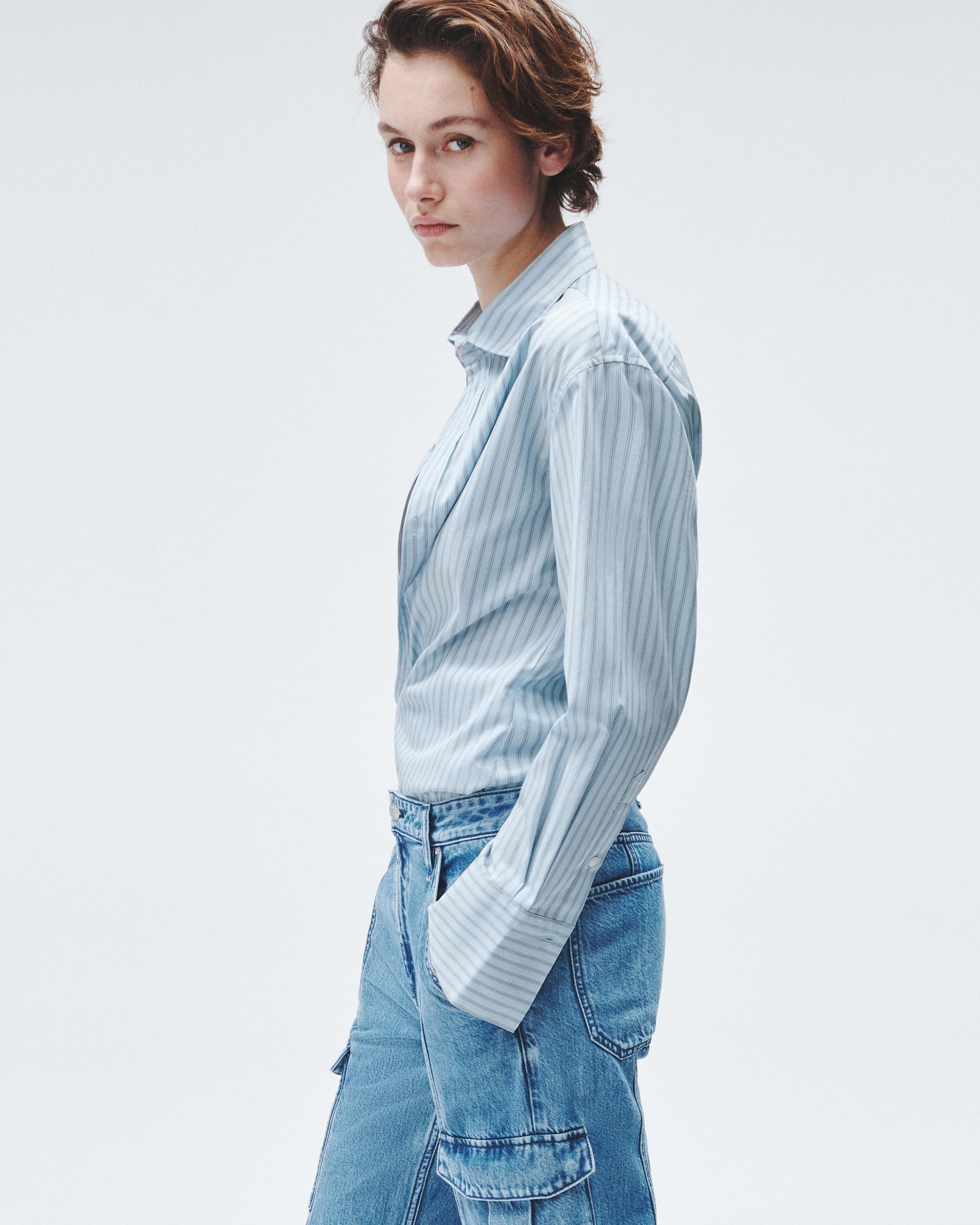 Striped 100% cotton poplin oversize shirt with pocket