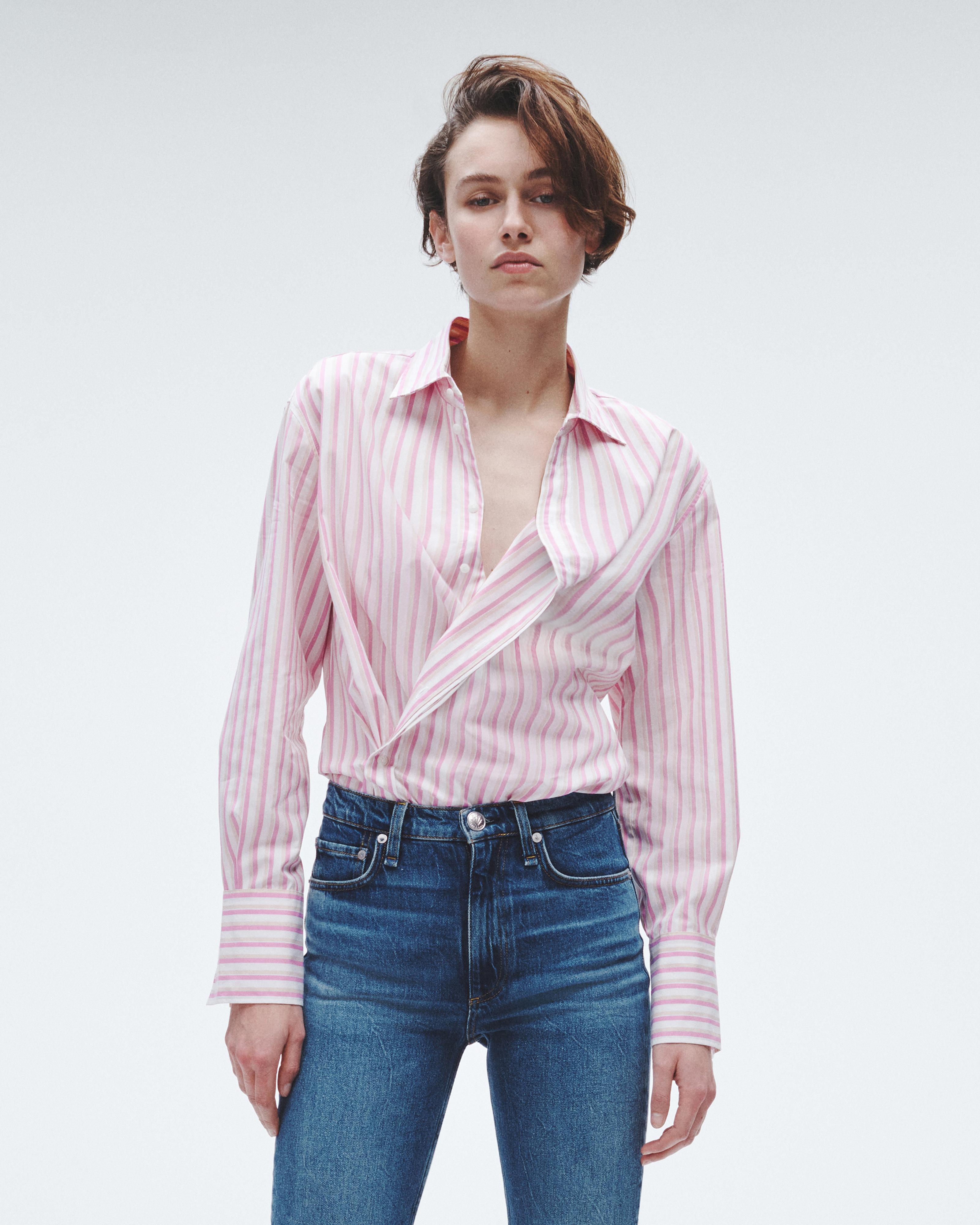 RUEDI - LOOK 2. Cotton Poplin Draped Shirt. Styled with soft