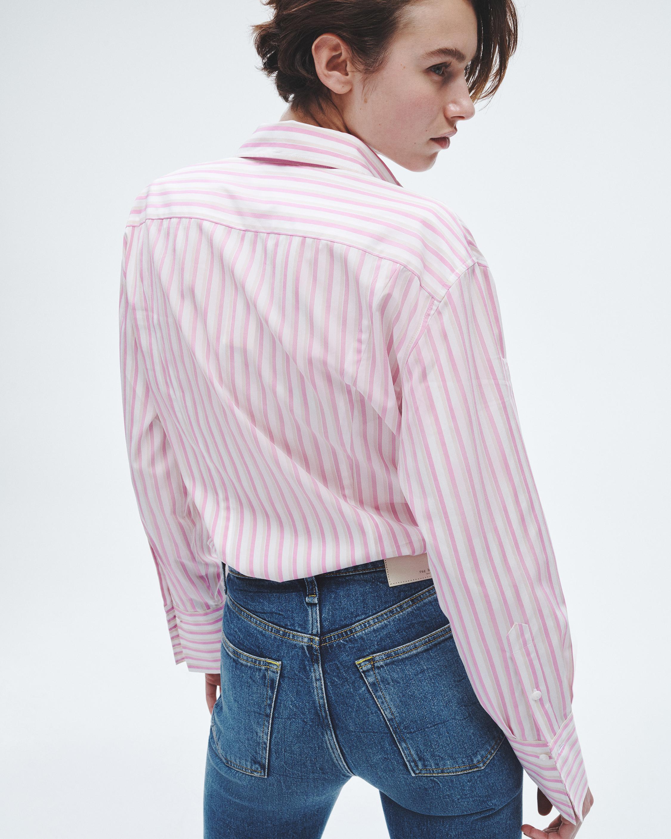 RUEDI - LOOK 2. Cotton Poplin Draped Shirt. Styled with soft