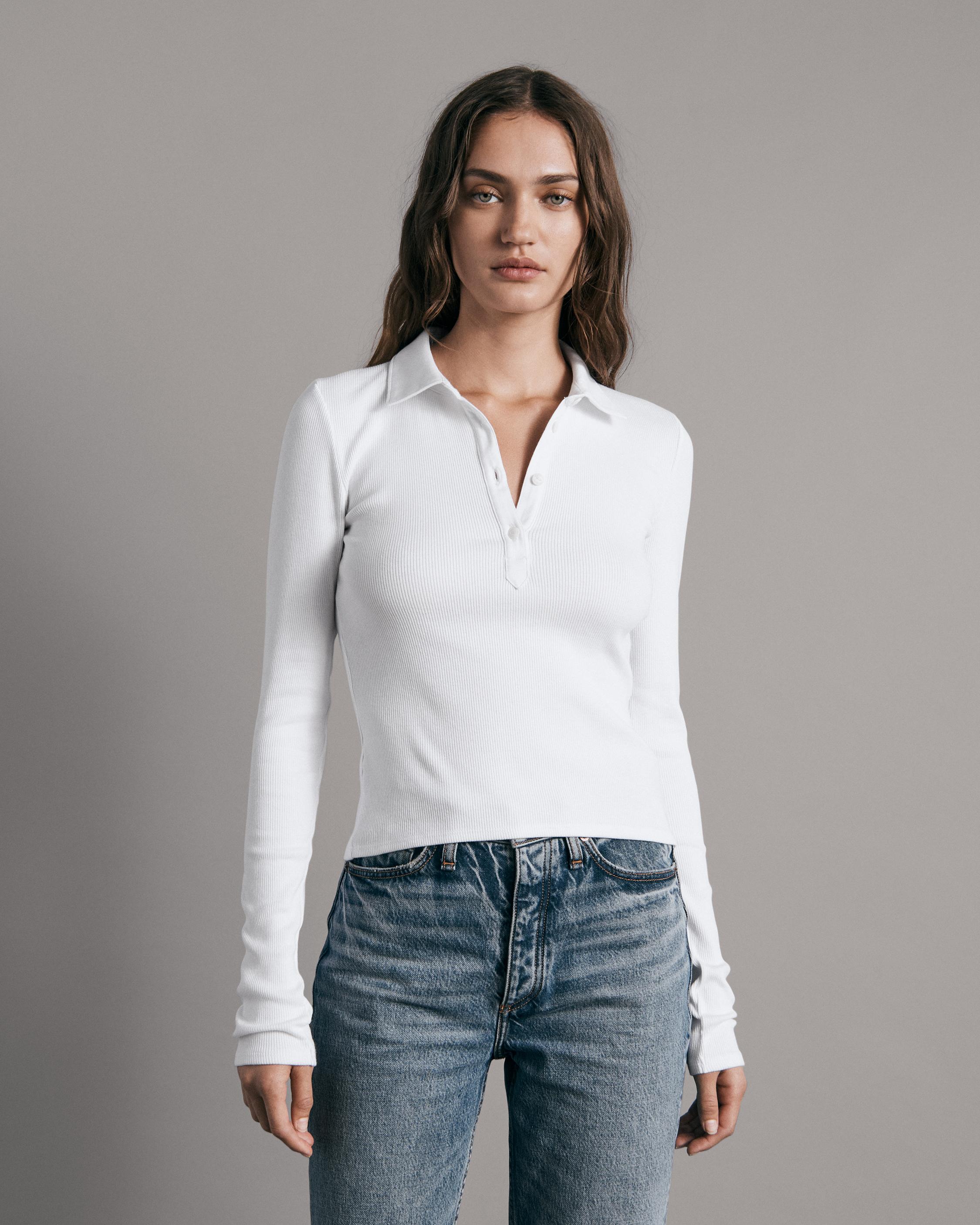 Thin Rib Long-Sleeve Polo Top - Ready to Wear