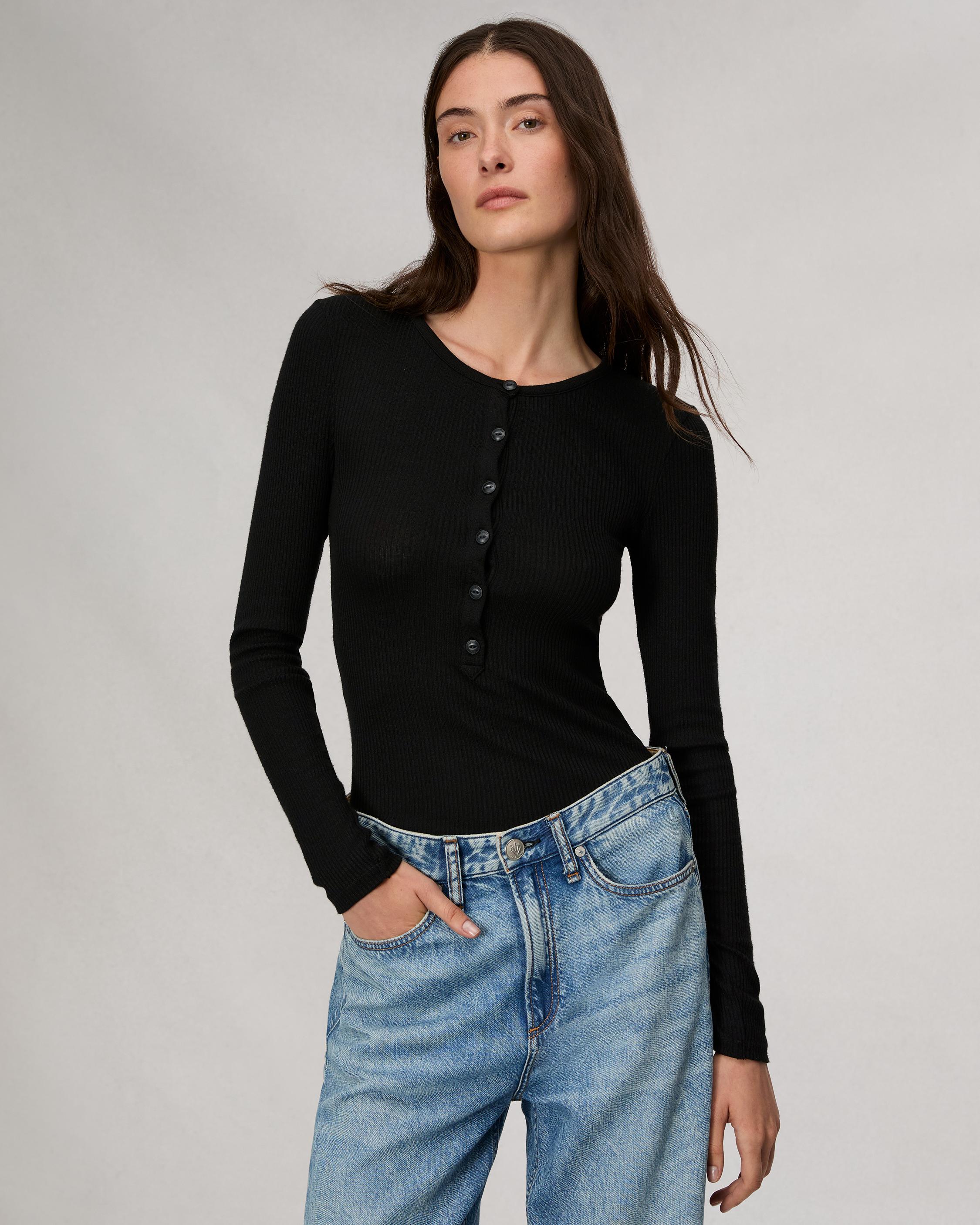 Ribbed Henley top - Black - Ladies