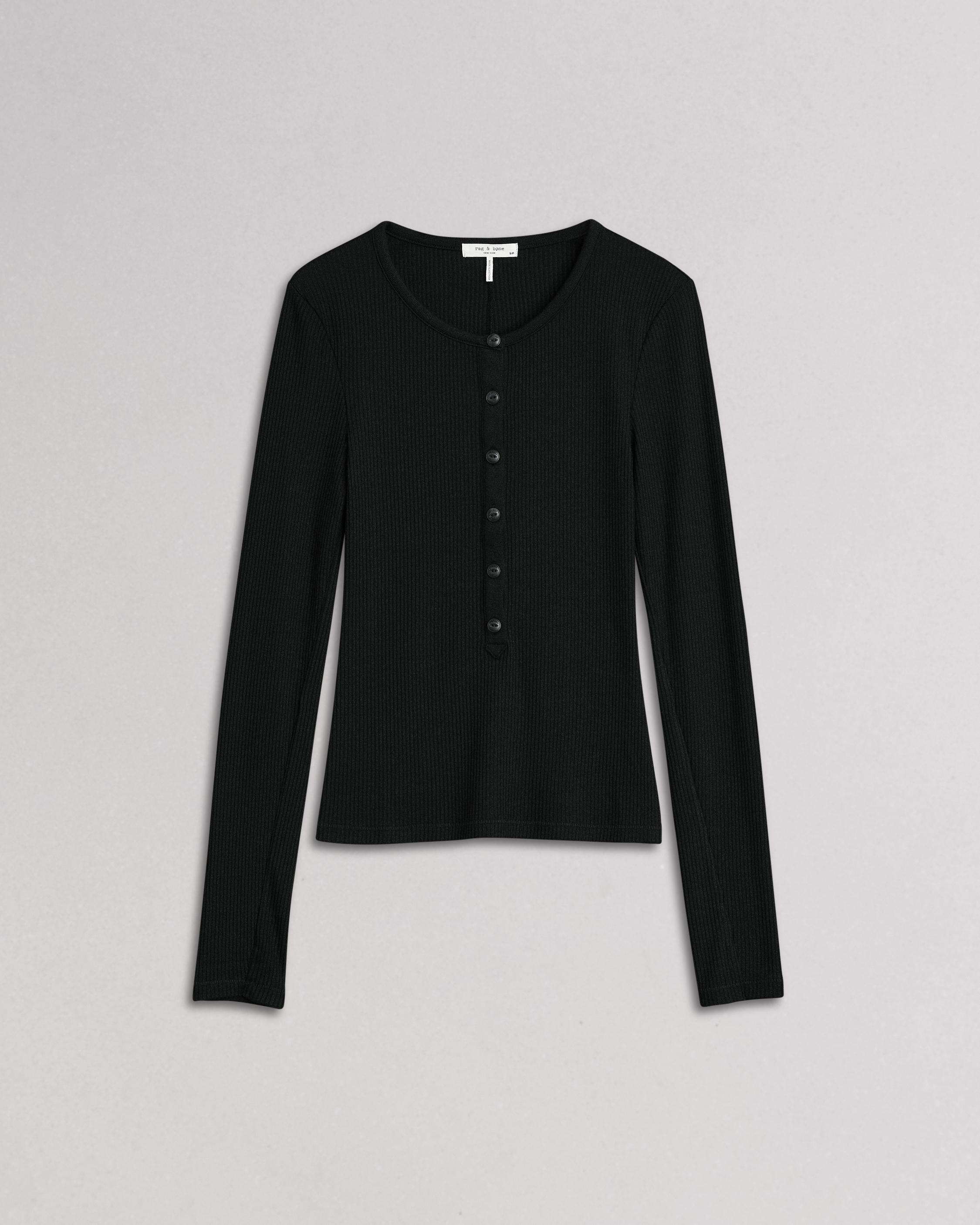 Black Long Sleeve Ribbed Henley Button Top