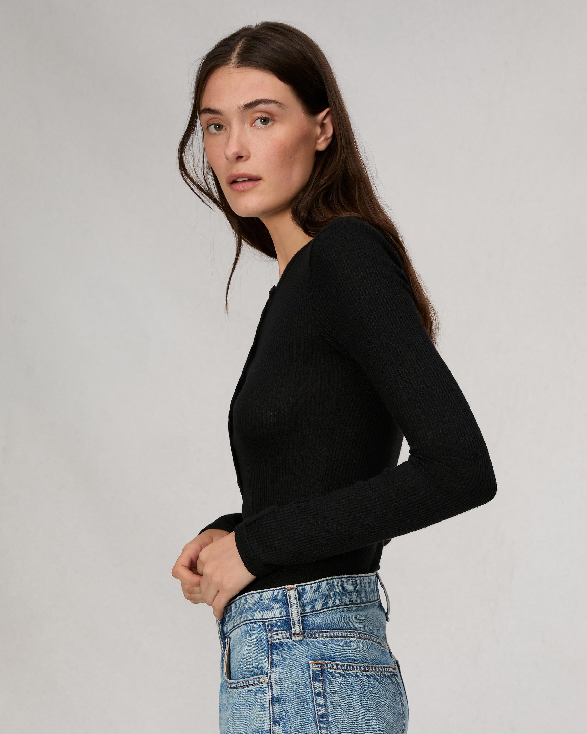 The Knit Rib Henley Long Sleeve Tee - Black