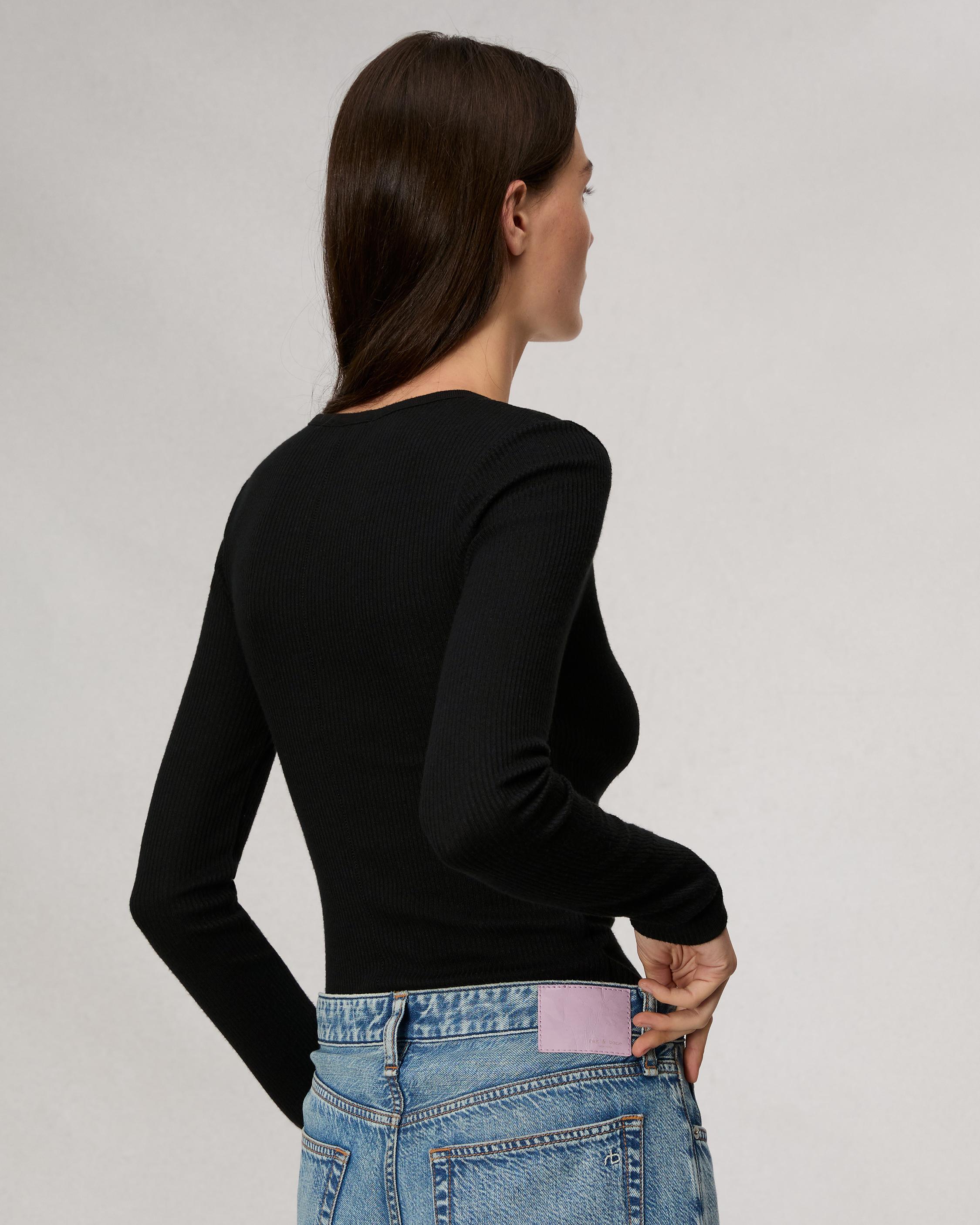 Ribbed Henley Shirt - Black - Ladies