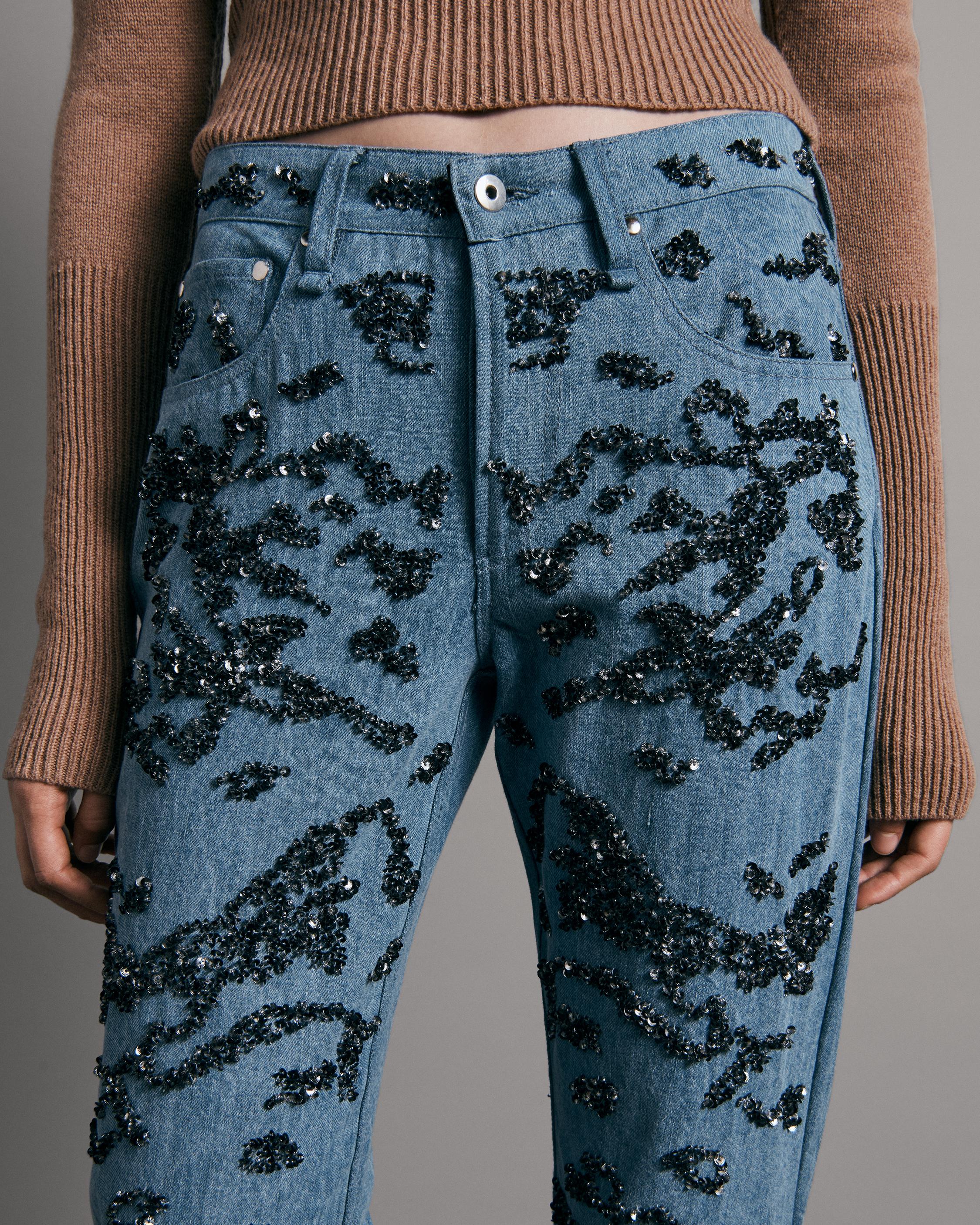 Embellished rose print jeans