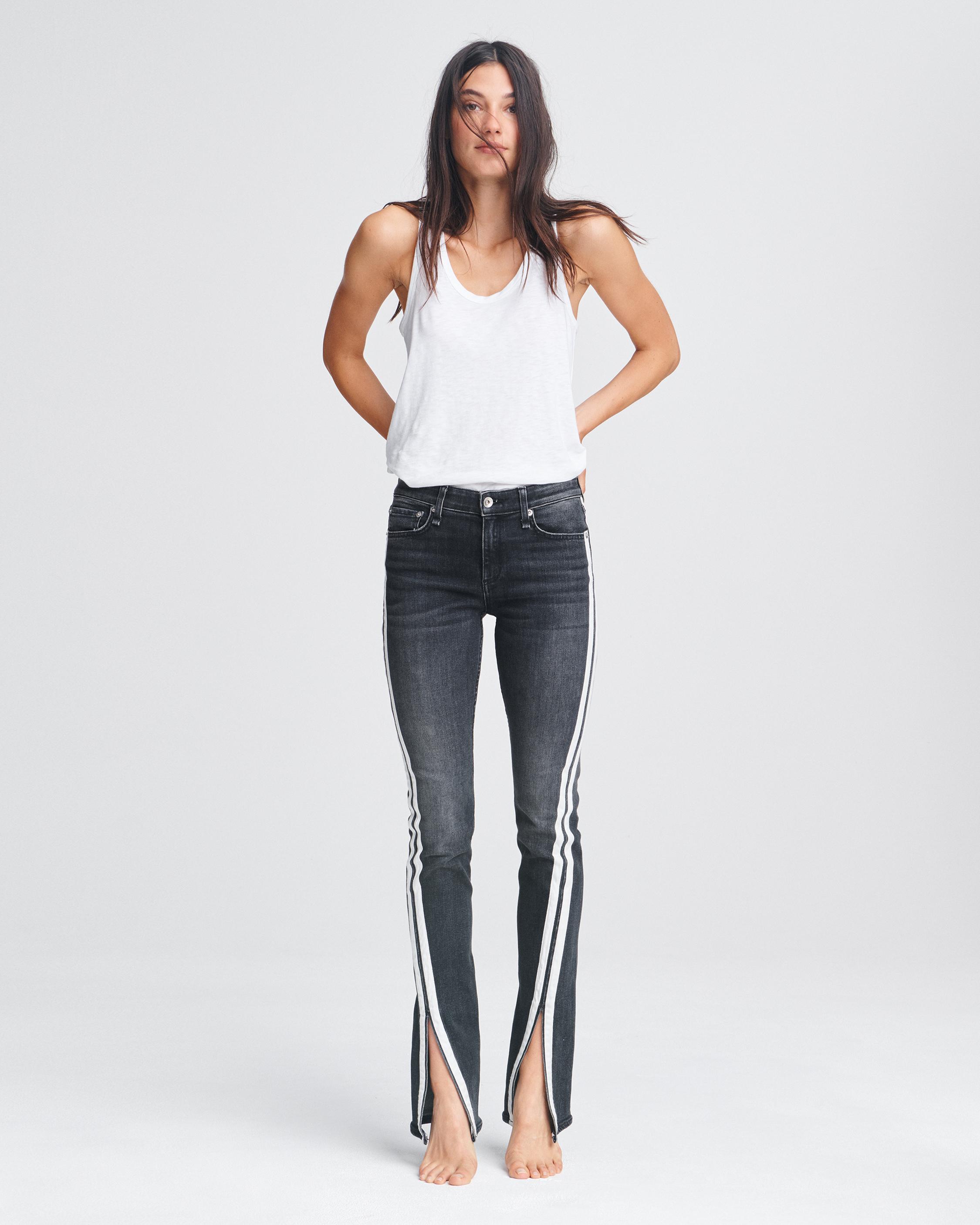 Cate Mid-Rise Dark Grey Flared Jeans with White Stripes