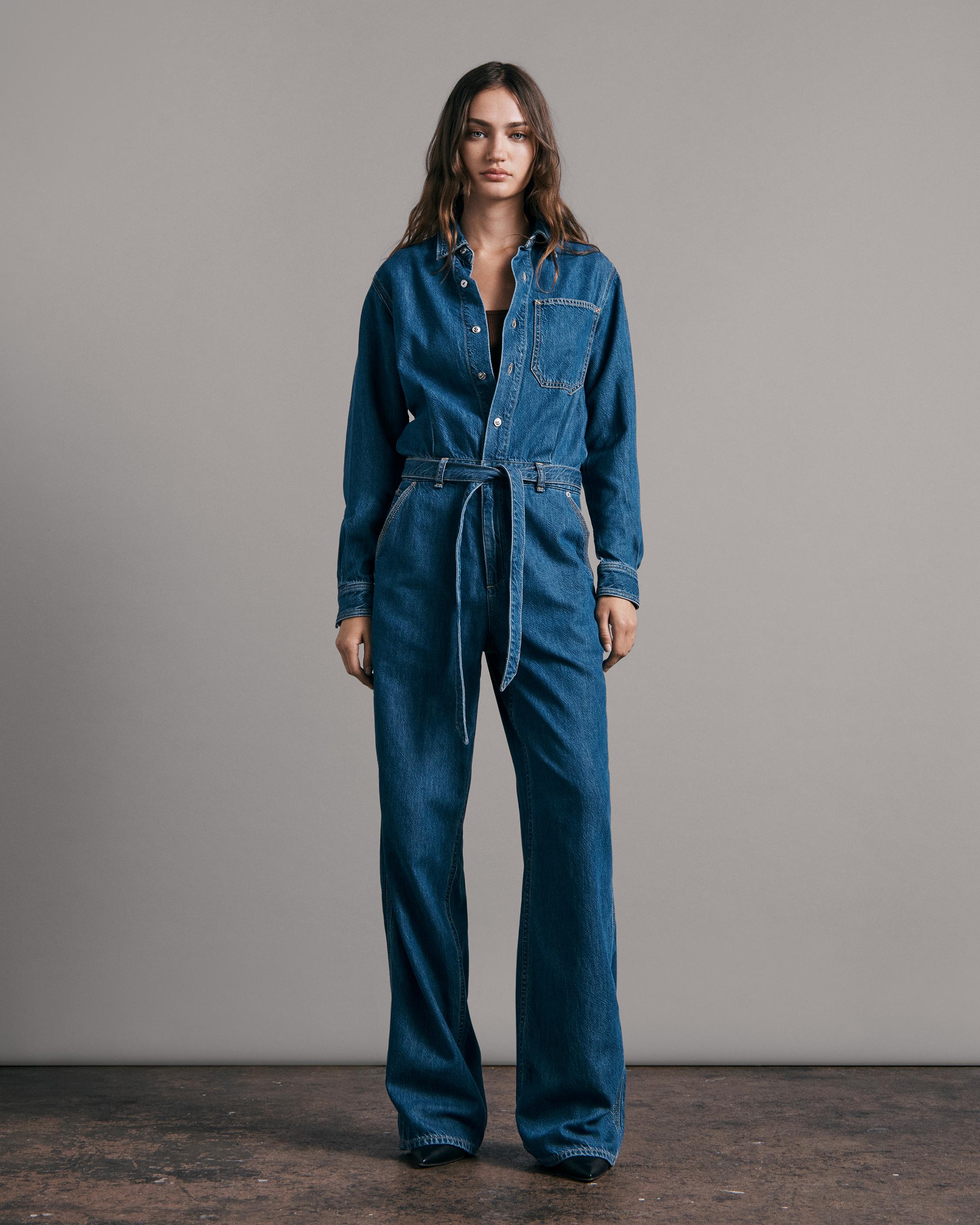 Collarless Jean Utility Jumpsuit for Women