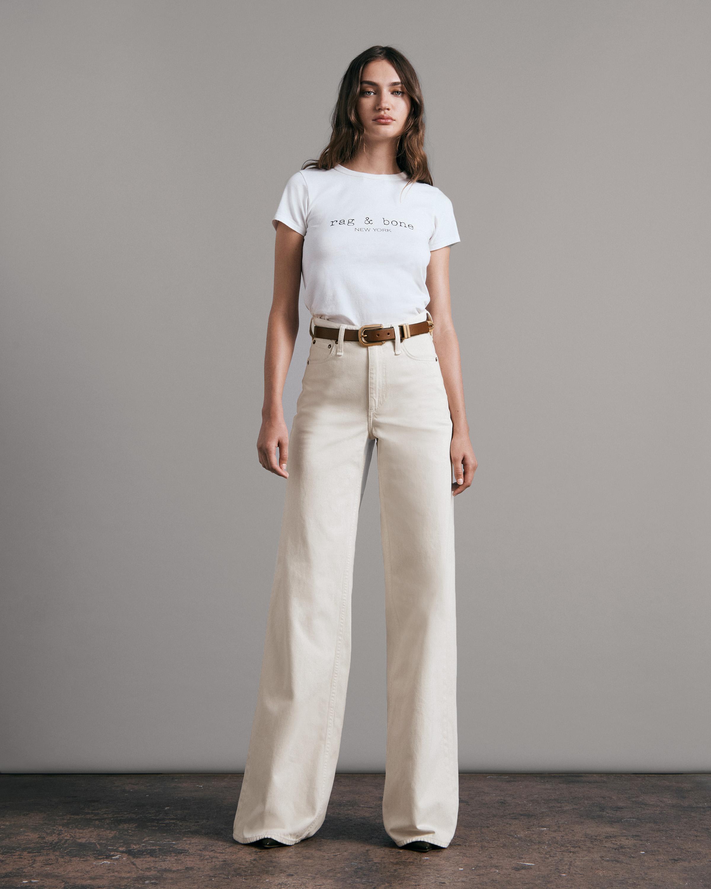 Ecru high rise pants with straight wide legs