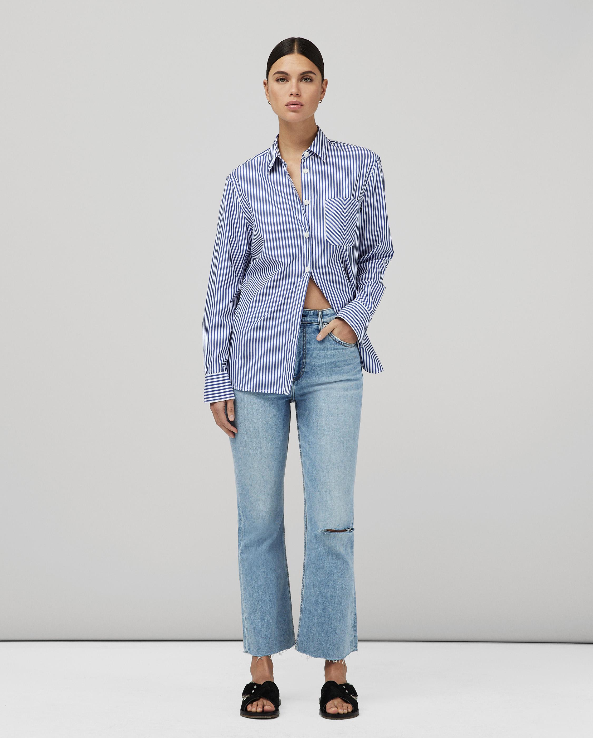 File:High Waisted Flare Jeans with a Blue Striped Shirt