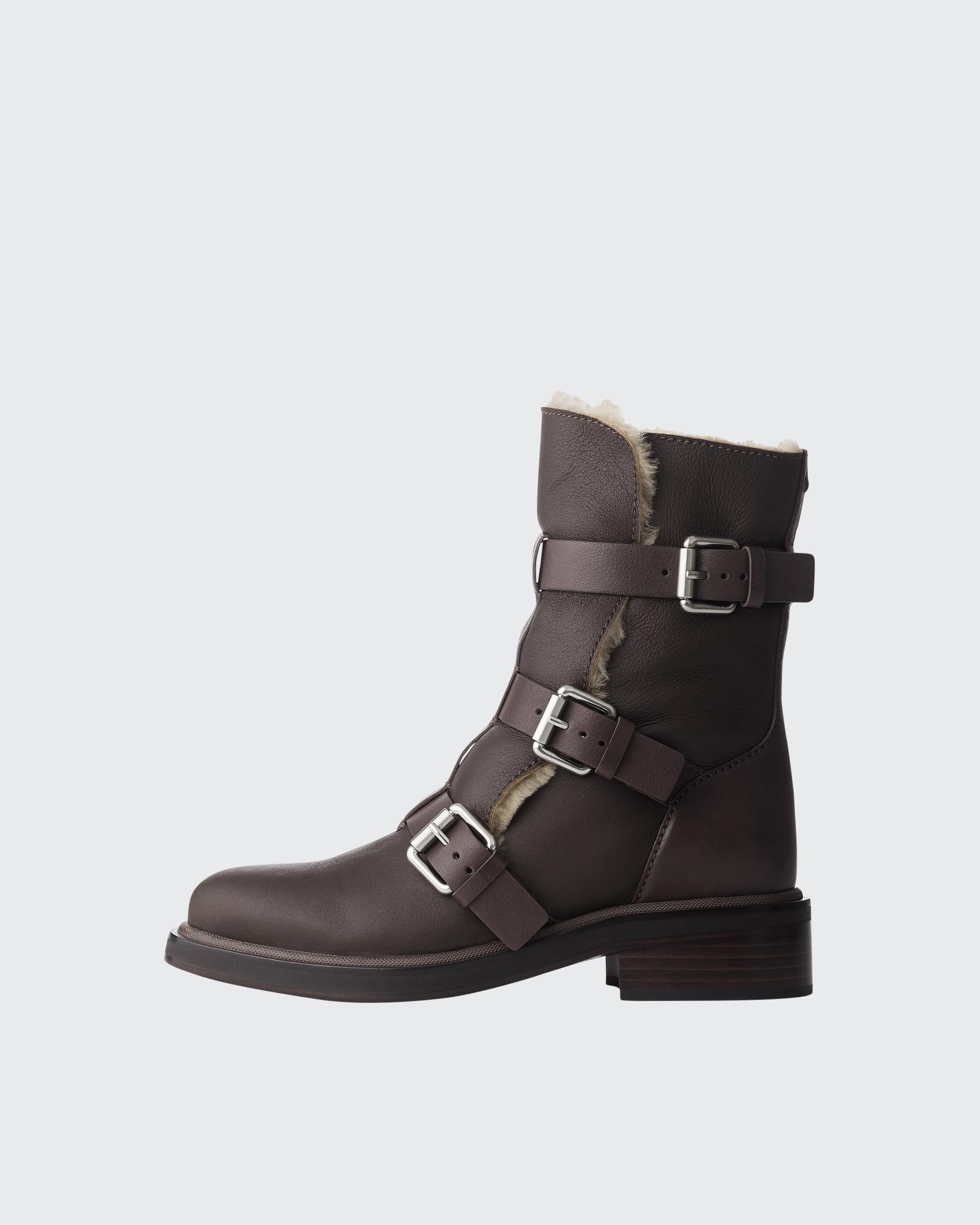 RB Moto Buckle Boot - Leather & Shearling - Brown Leather/ Natural