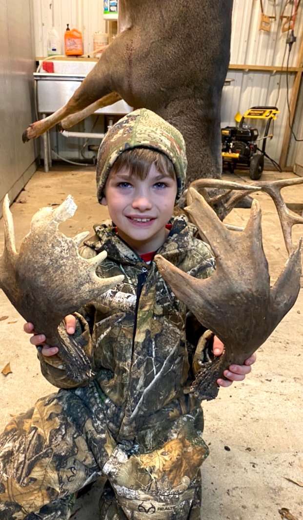 While following the blood trail of a buck he had just shot, Fisher found the matching sheds from last year. While following the blood trail of a buck he had just shot, Fisher found the matching sheds from last year.