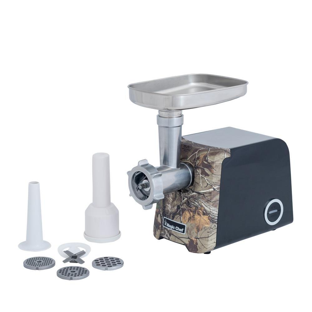 The Magic Chef Meat Grinder comes with multiple grinding plates and sausage stuffing tubes.