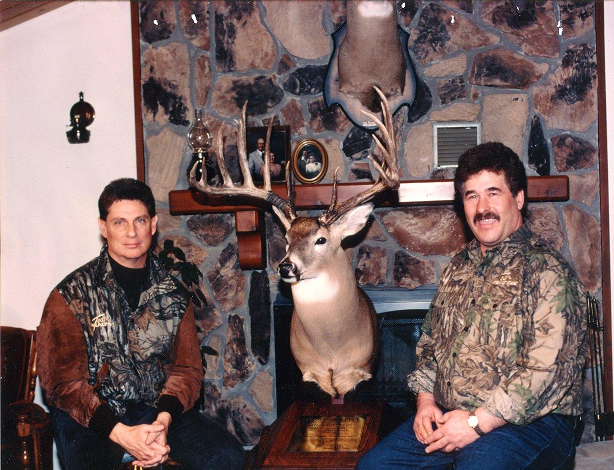 Bill Jordan and Milo Hanson poses with the world record typical whitetail, taken in Saskatchewan. Image by Realtree Media