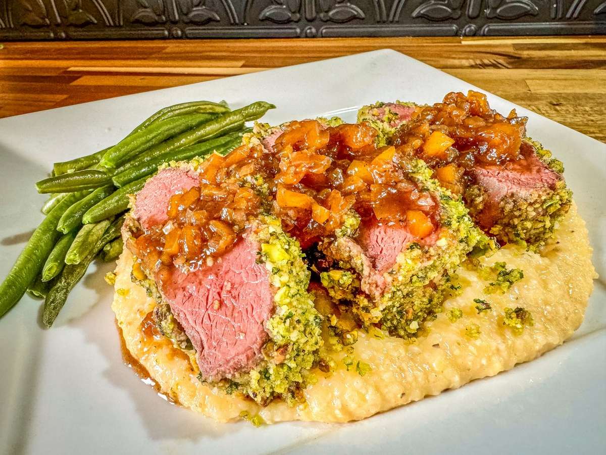 Pistachio-Crusted Backstrap with Bourbon Peach Sauce - Realtree Camo