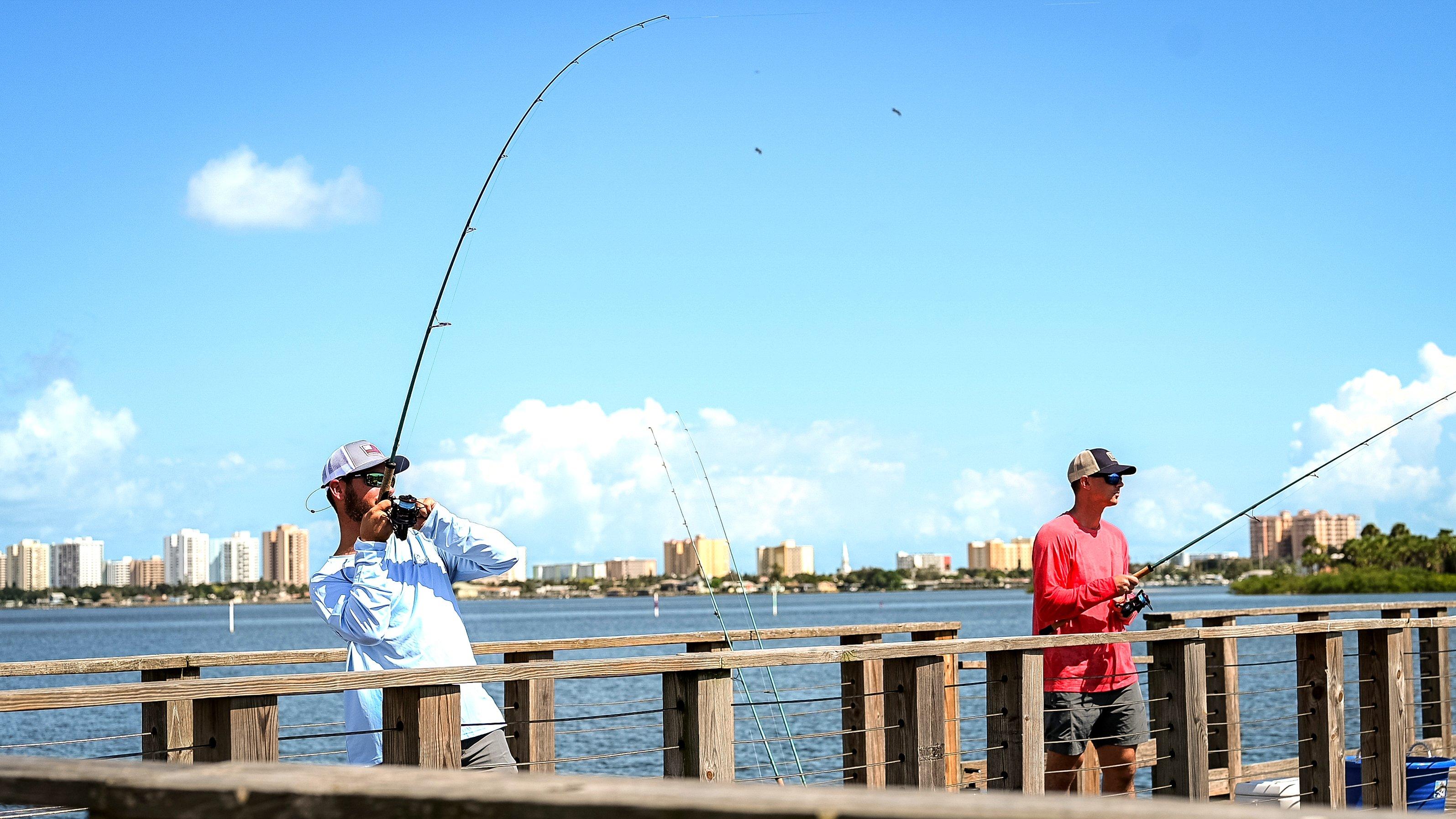 A Cart Full of Fishing Gear is Located on a Pier with a Beach in