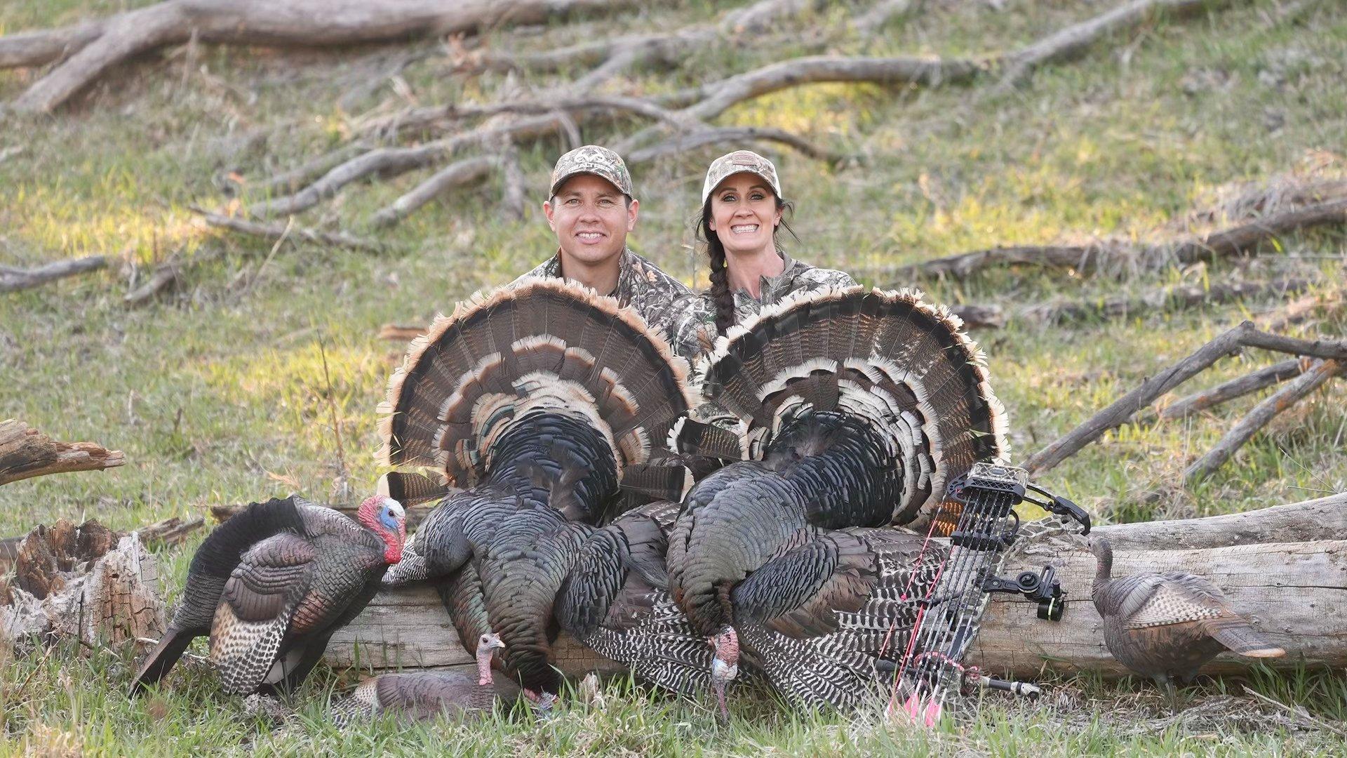 Melissa Bachman and her husband, Ben Bearshield, with a couple nice South Dakota toms. 