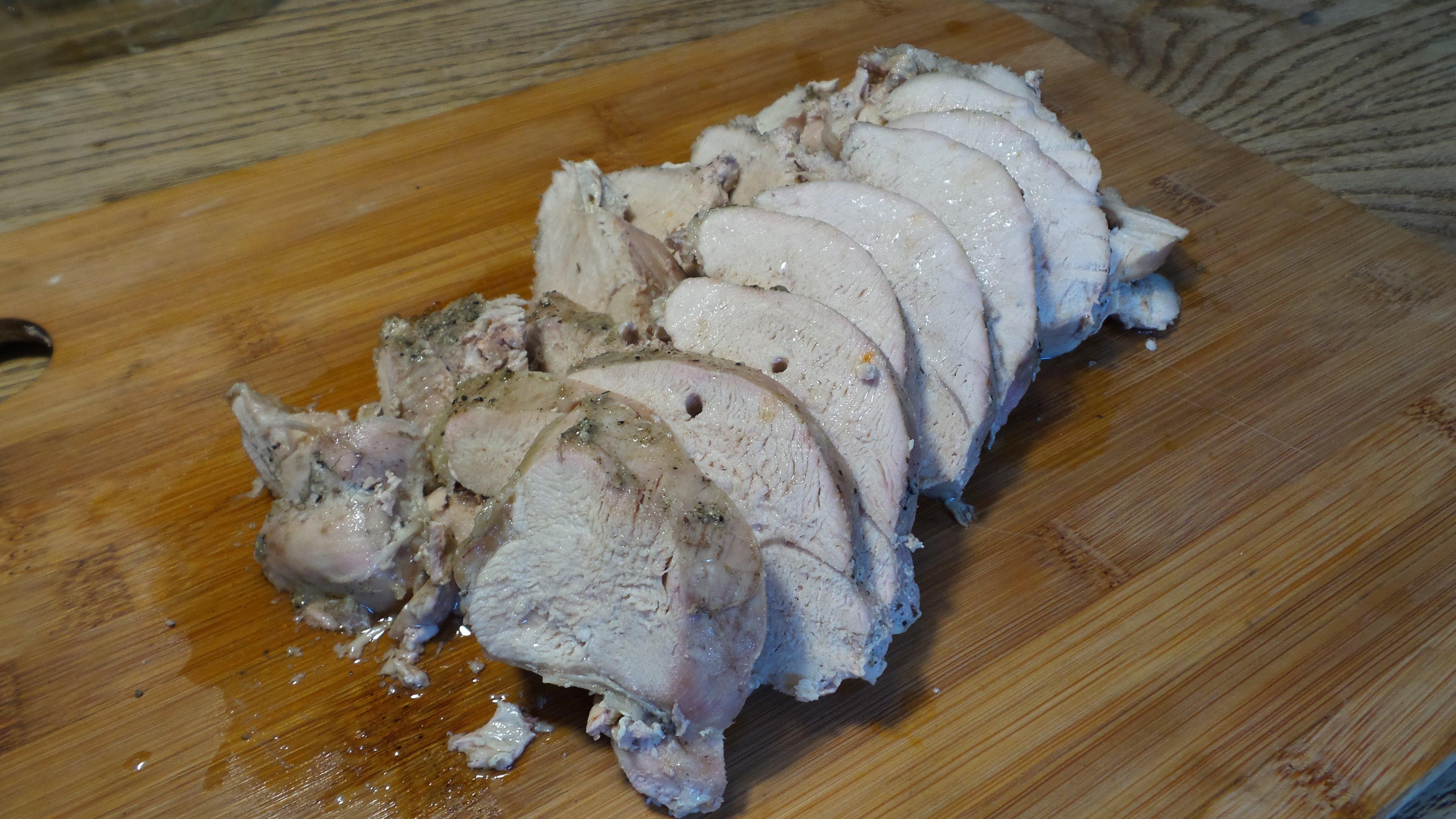 A soak in brine and careful temperature control help to keep the turkey moist.