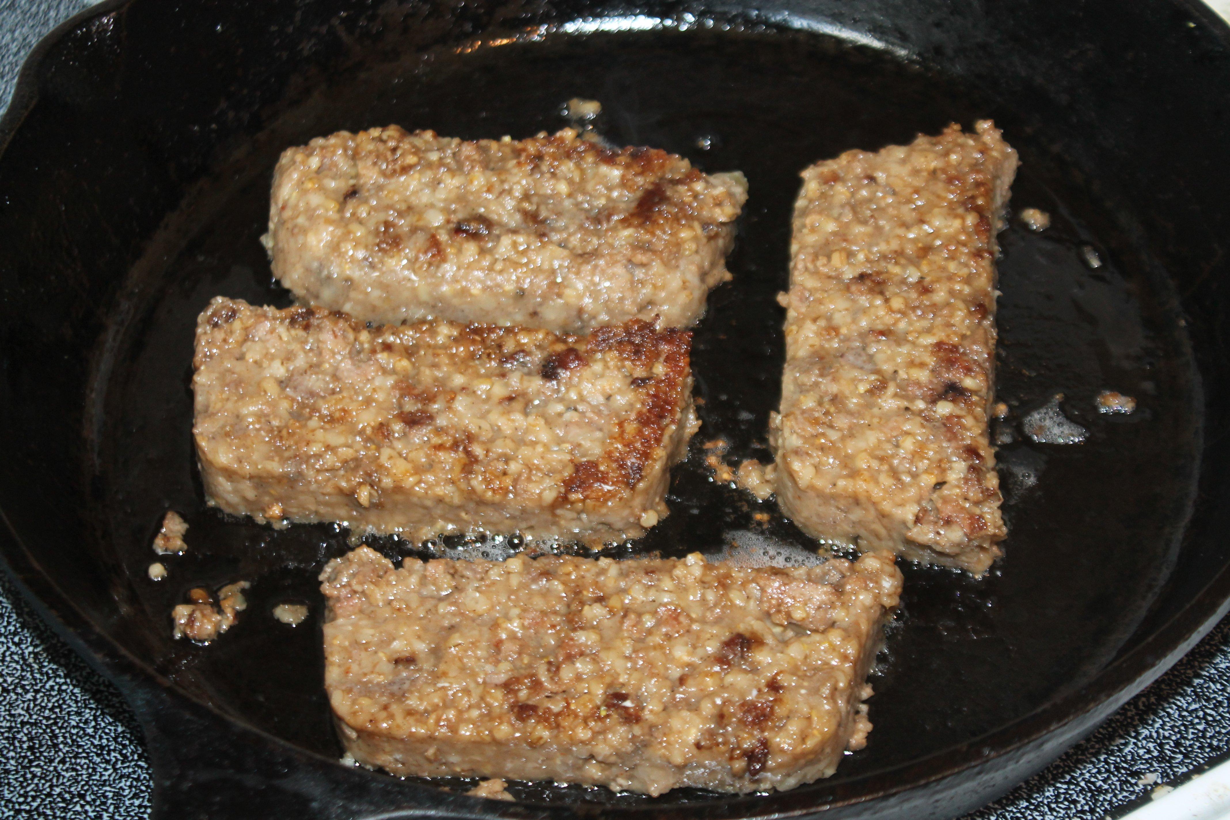 Brown the sliced goetta in oil, three to four minutes per side.