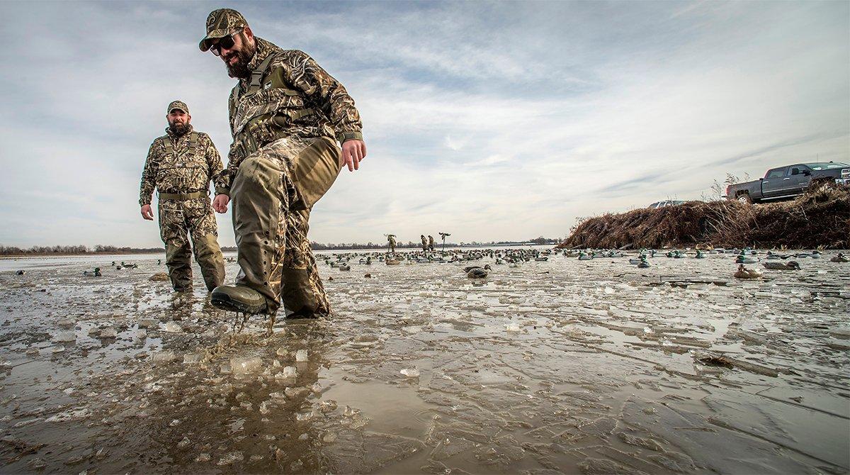 When the freeze sets in, mallards abandon their typical pattern of flying at first and last light. Adopt a midday strategy to fill straps. Photo © Banded