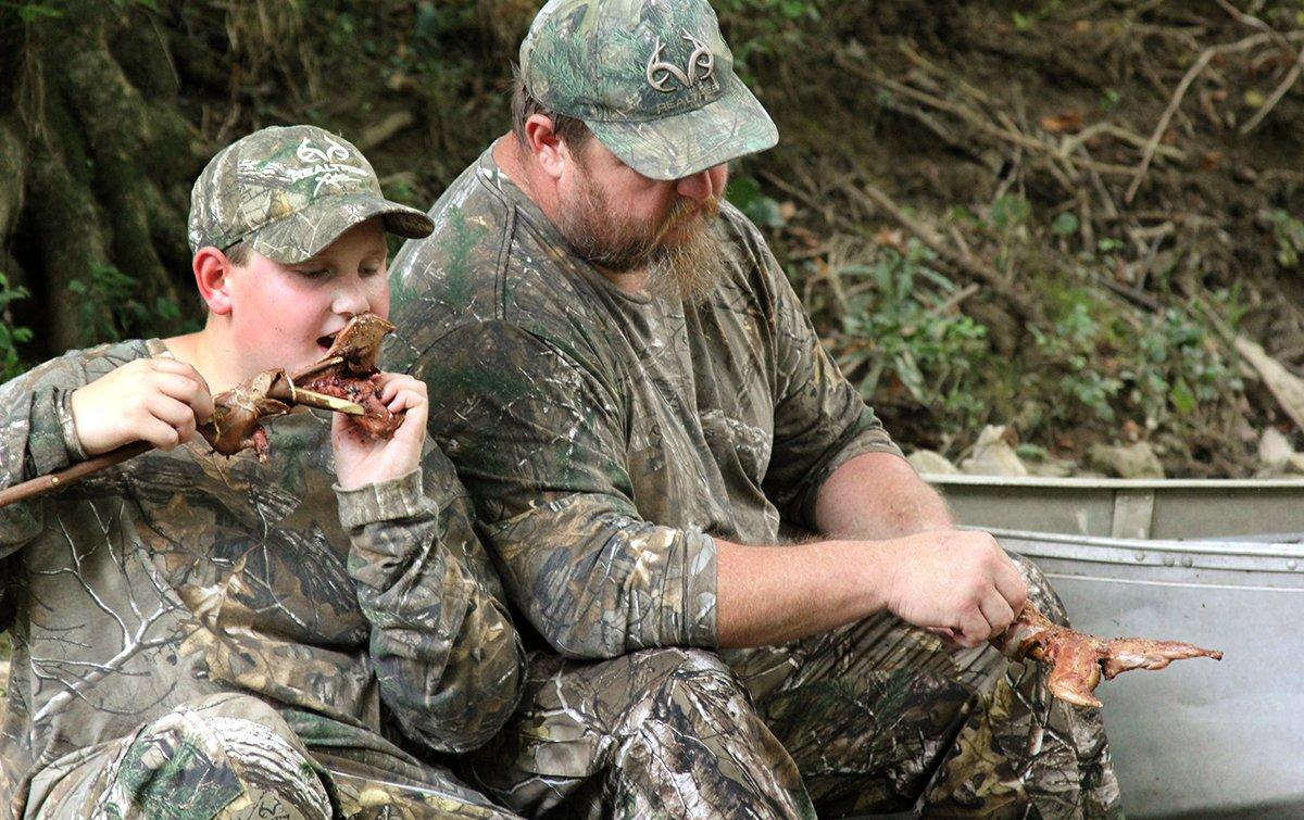 Just eat the squirrel straight off the stick, chicken leg style, while you soak your feet in the stream.