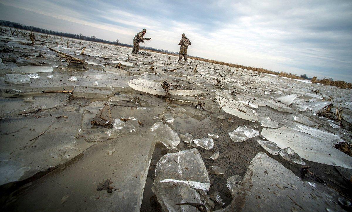 Widespread ice might send many birds south, but hardy ducks and honkers congregate in remaining open water, providing great freeze-up hunting. Photo © Bill Konway