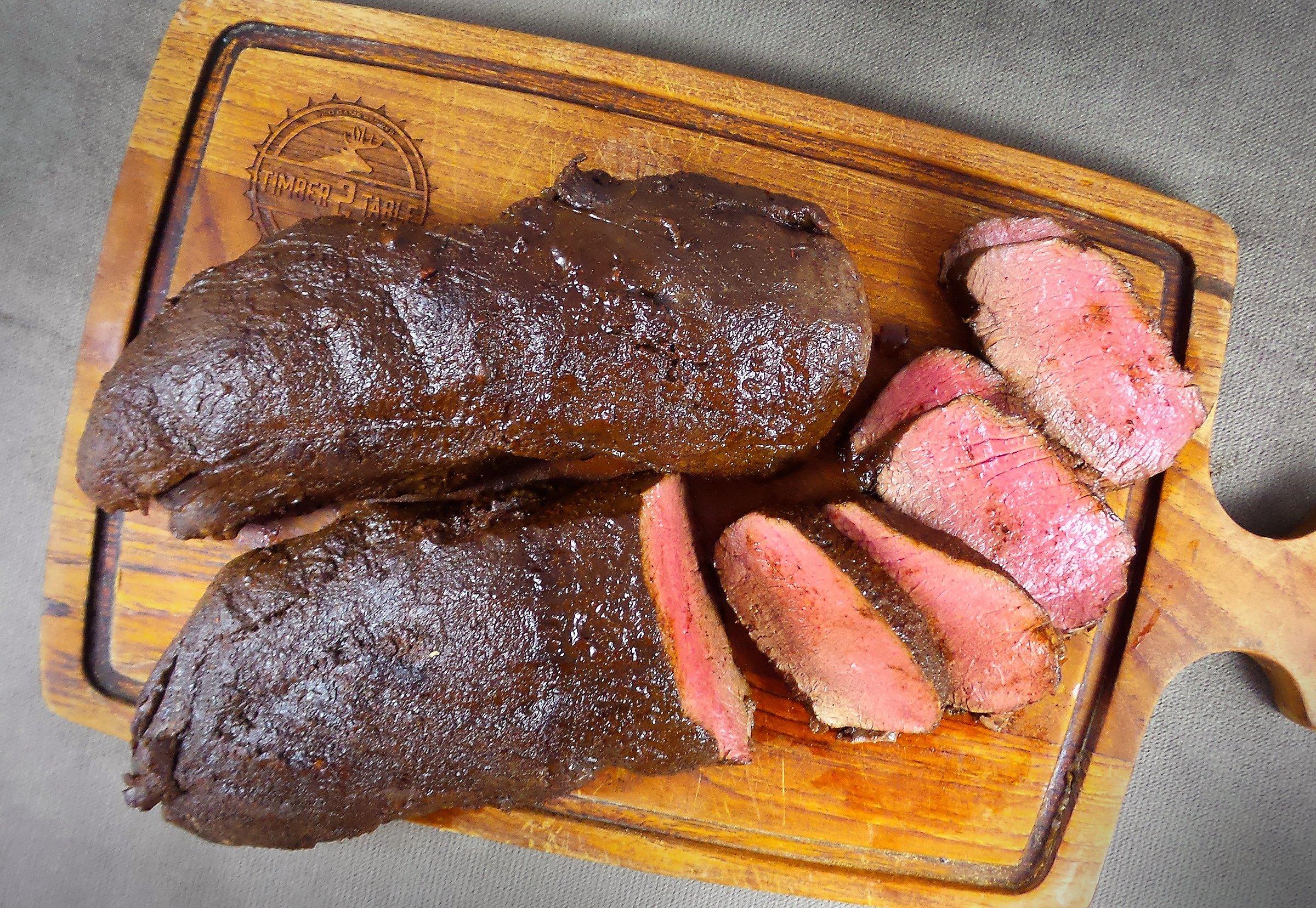 Roast the backstrap to 135 for medium-rare. Take it to 145 before resting if you prefer medium.
