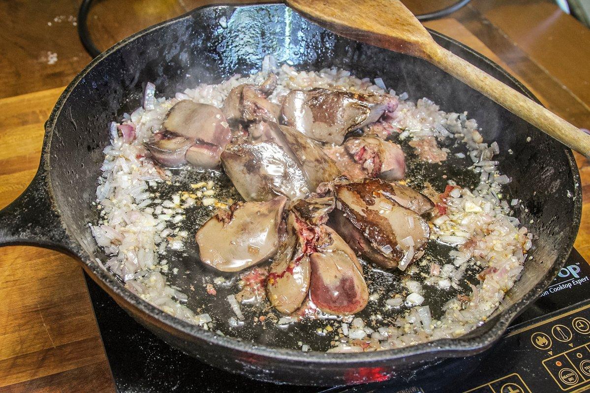 Brown the livers well and use a wooden spoon to smash them as they cook.