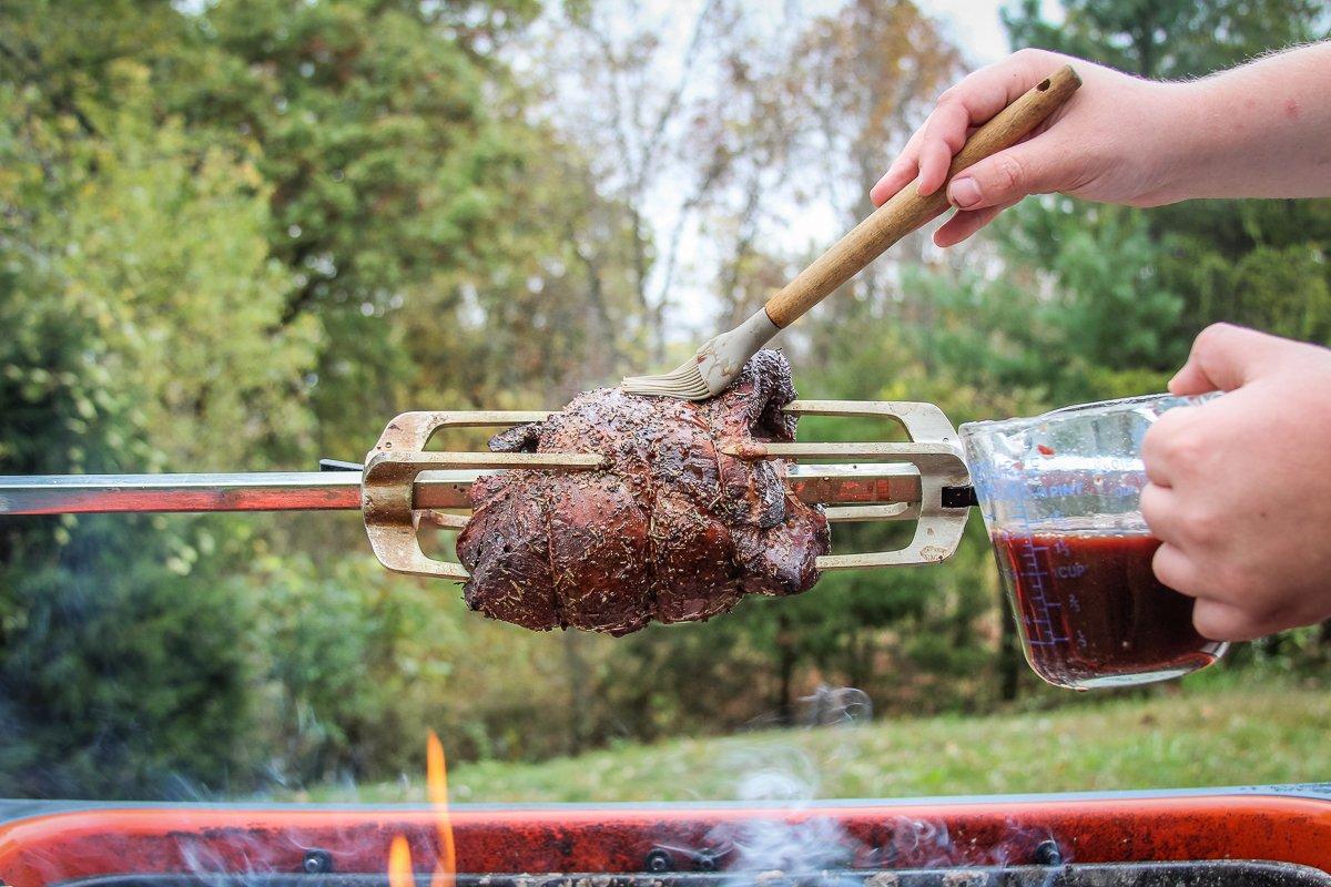 Baste the venison roast every 15 minutes with the reserved marinade.
