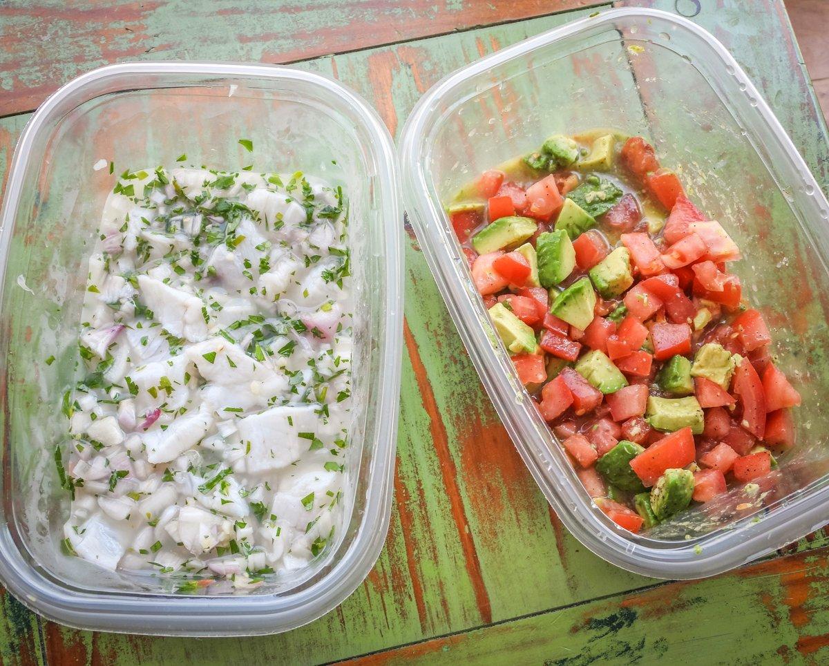 Mix the fish in one container, the tomato and avocado in another. Combine just before you are ready to eat.