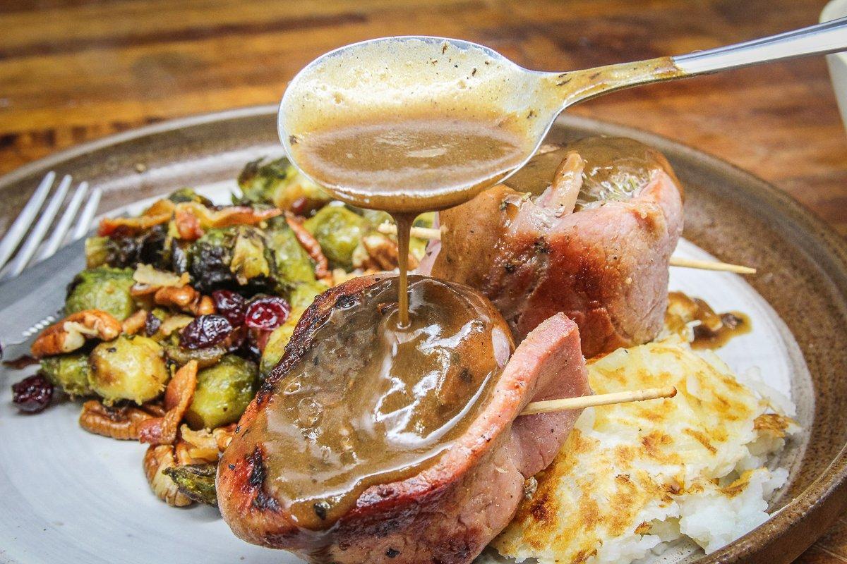 Spoon the red-eye gravy over the backstrap medallions just before serving.