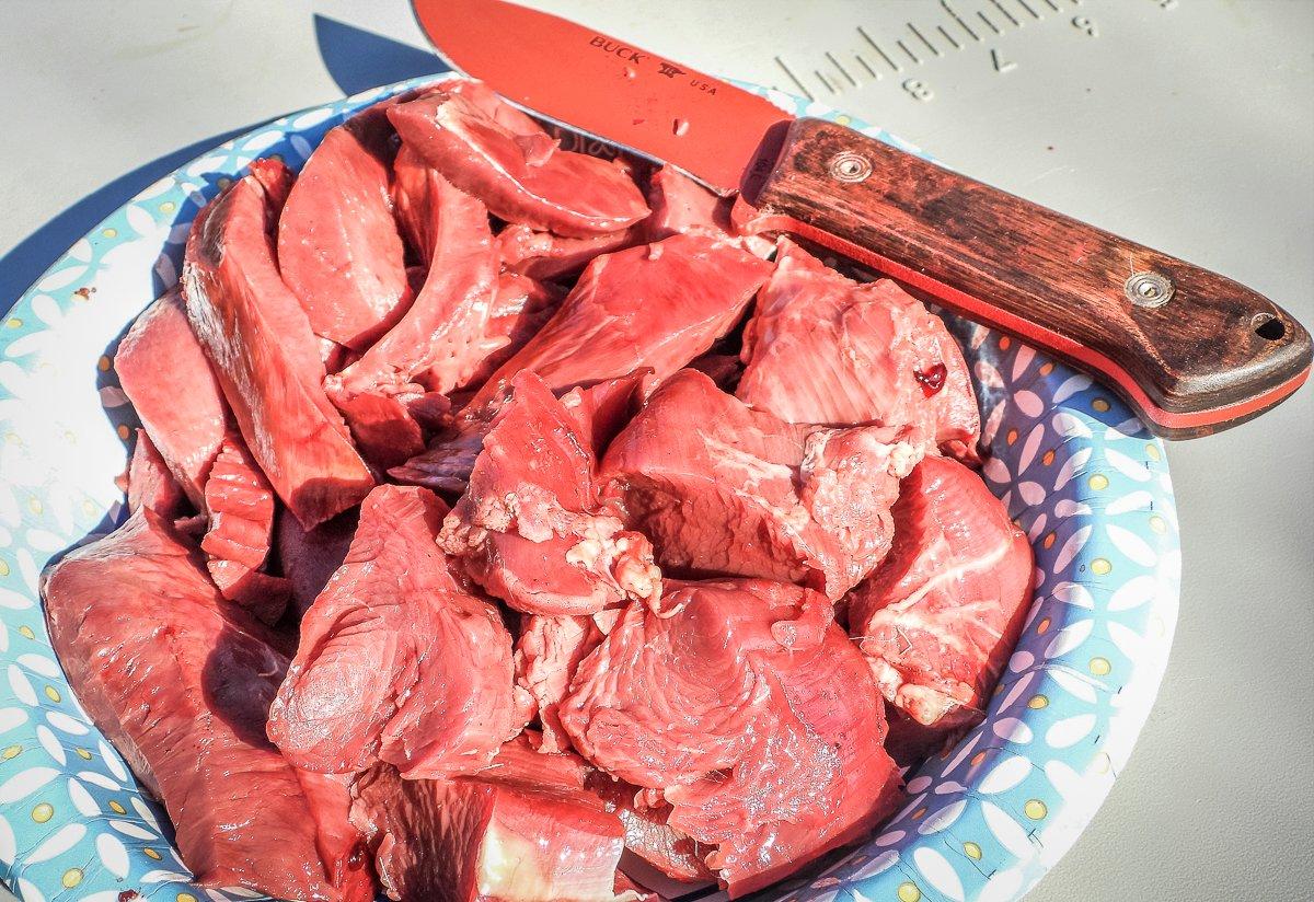 Slice the heart and the tenderloins into large bite-sized pieces.