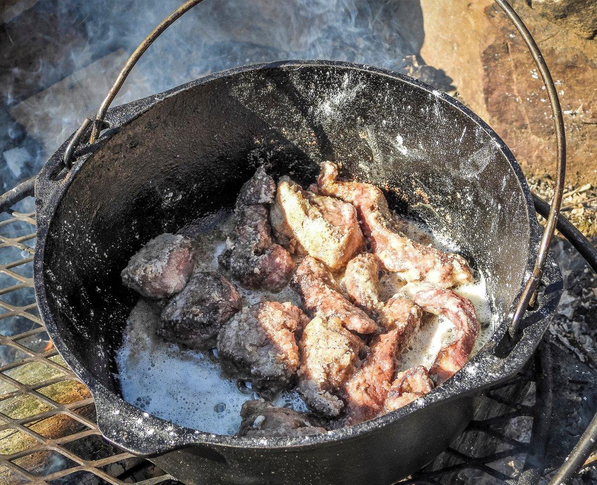 Brown the venison in butter and oil.