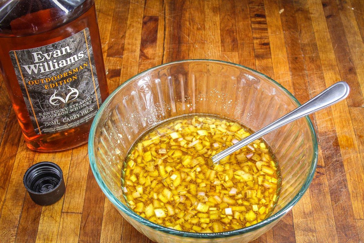 Combine the Evan Williams bourbon and other ingredients in the marinade.