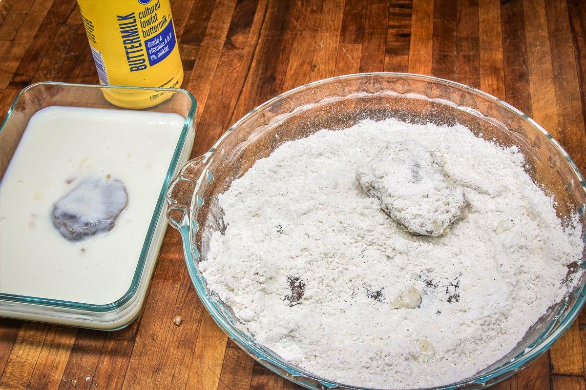 Roll the backstrap in seasoned flour, then dip in buttermilk, then back to the seasoned flour for a thick crust.