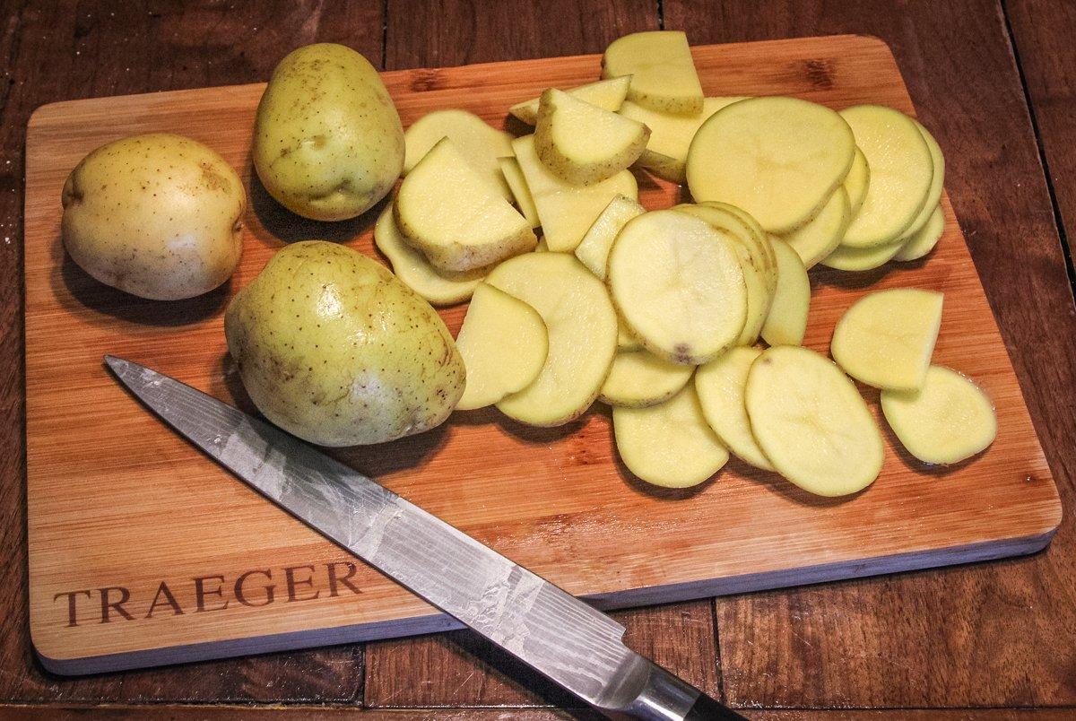Slice Yukon Gold potatoes and onions.