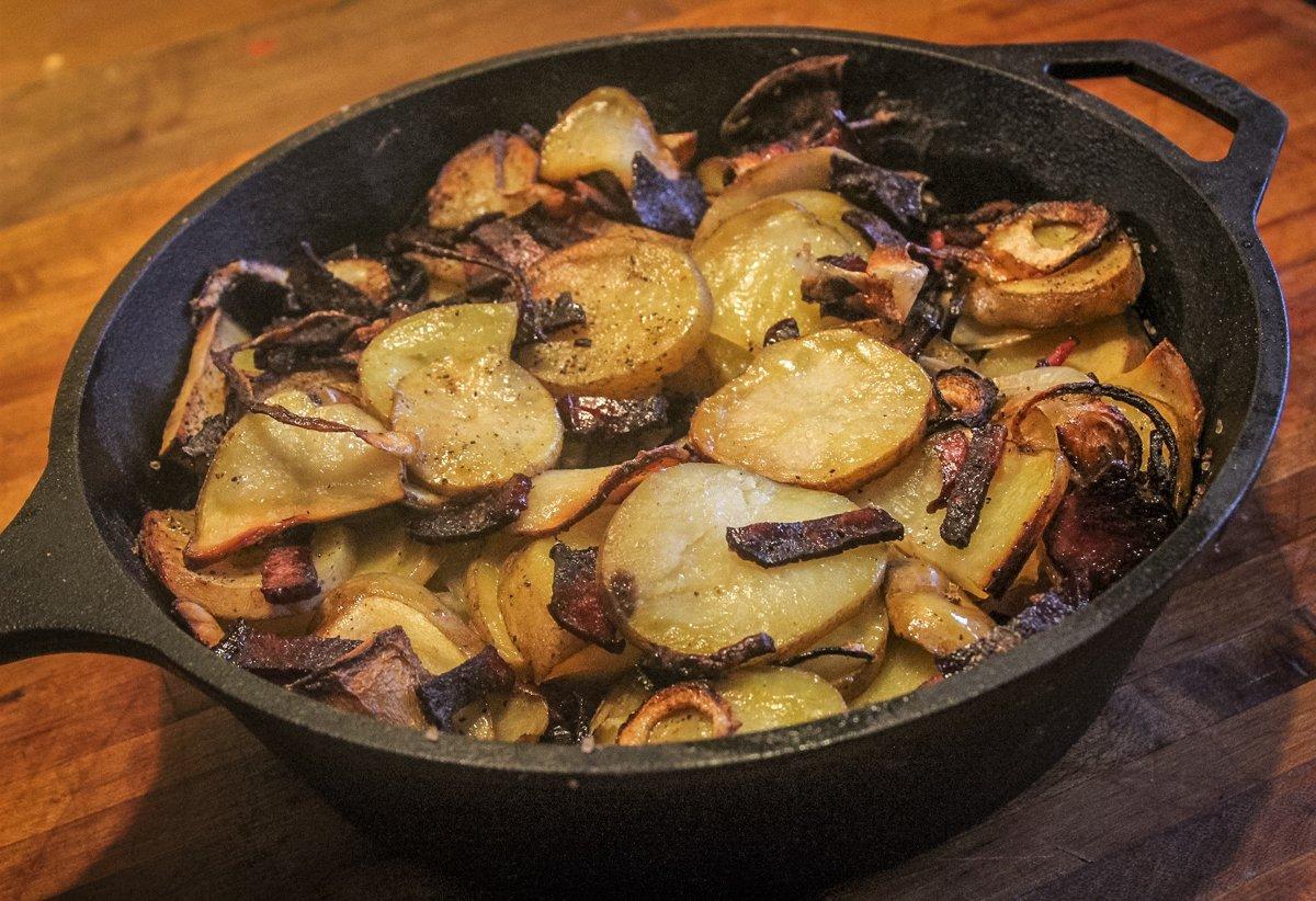 Potatoes and venison bacon make a great side dish or even a meal.