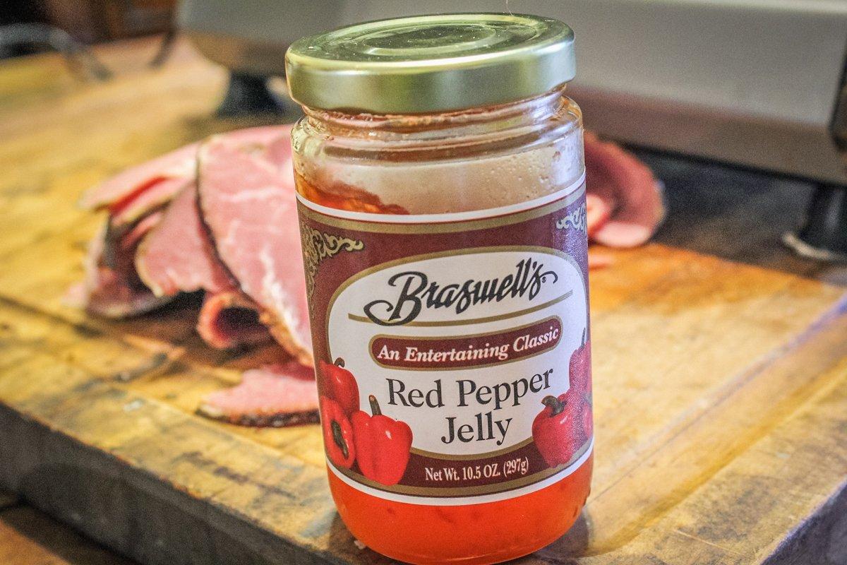 Red pepper jelly adds a touch of sweetness and heat to the dish.