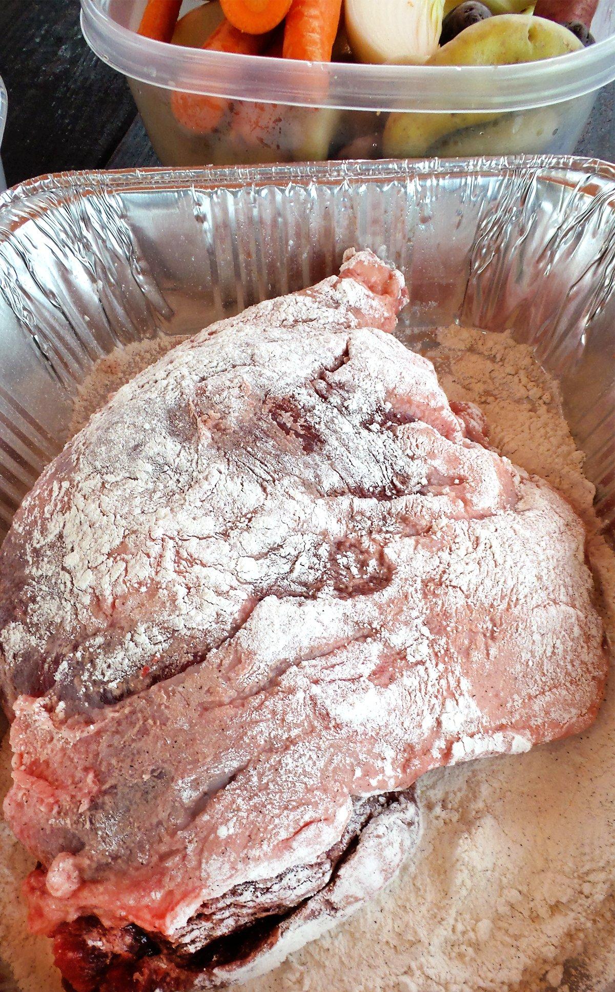 Dust the beaver meat in seasoned flour before browning it the Dutch oven.
