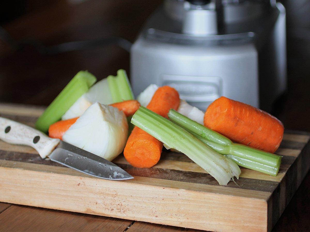 Chop the celery, onion and carrot finely in the food processor.