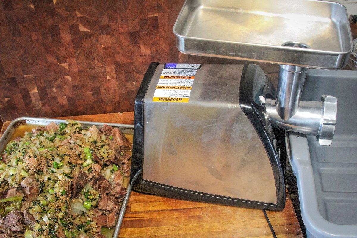 Grind the meat and vegetables through the large plate of your Weston Realtree Grinder.