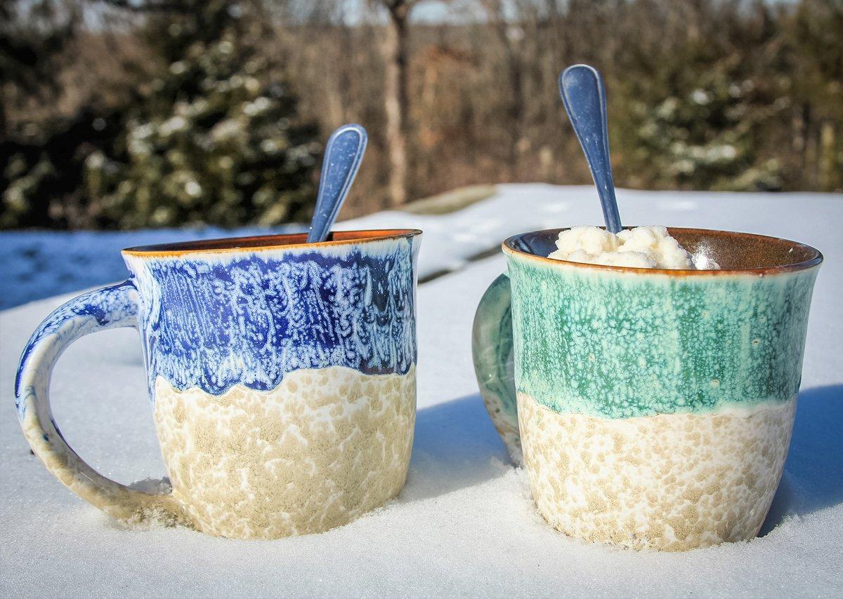 Serve the snow cream in mugs or bowls with a spoon for easy eating.